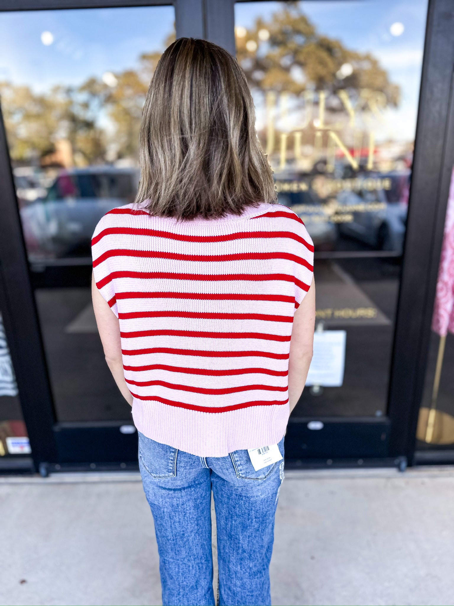 Pink & Red Short Sleeve Knit Sweater-230 Sweaters/Cardis-ENTRO-July & June Women's Fashion Boutique Located in San Antonio, Texas