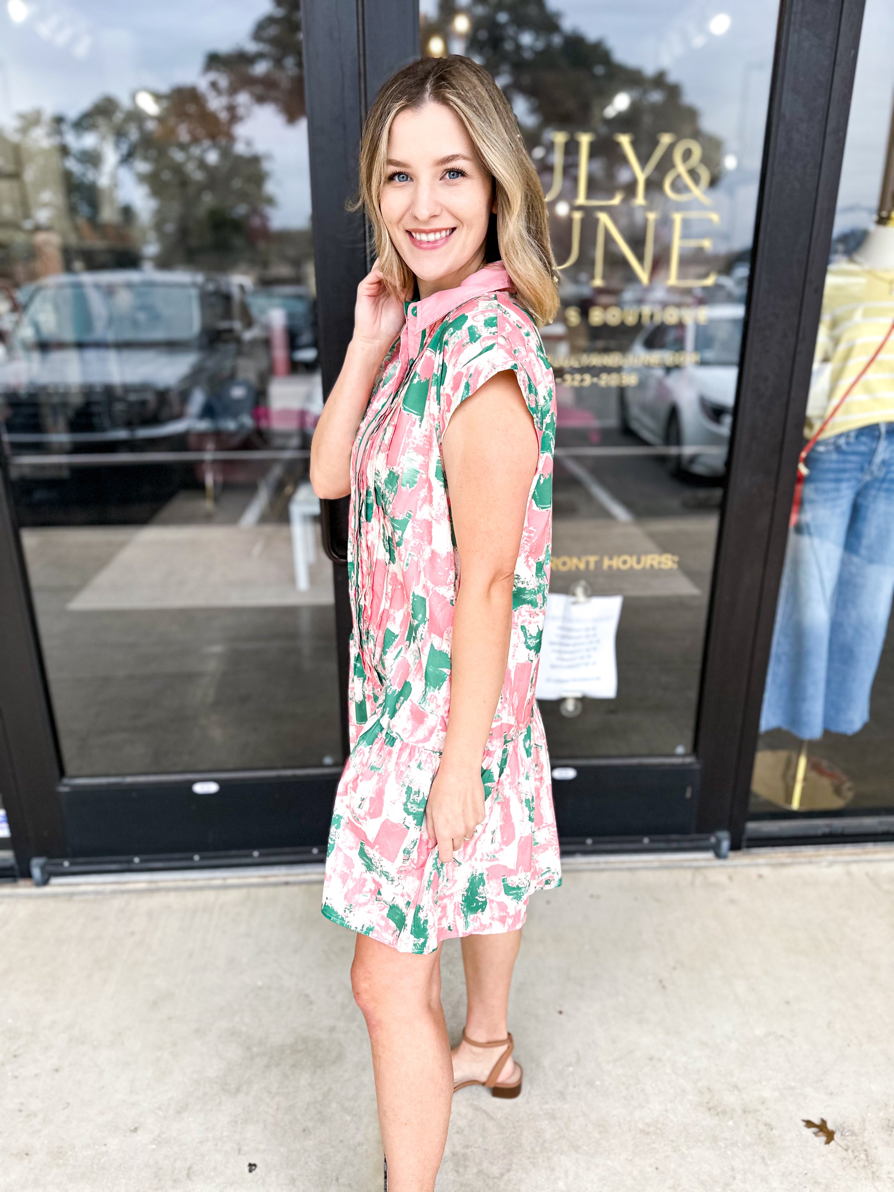 Watercolor Shift Dress - Pink & Green Combo-510 Mini-ENTRO-July & June Women's Fashion Boutique Located in San Antonio, Texas