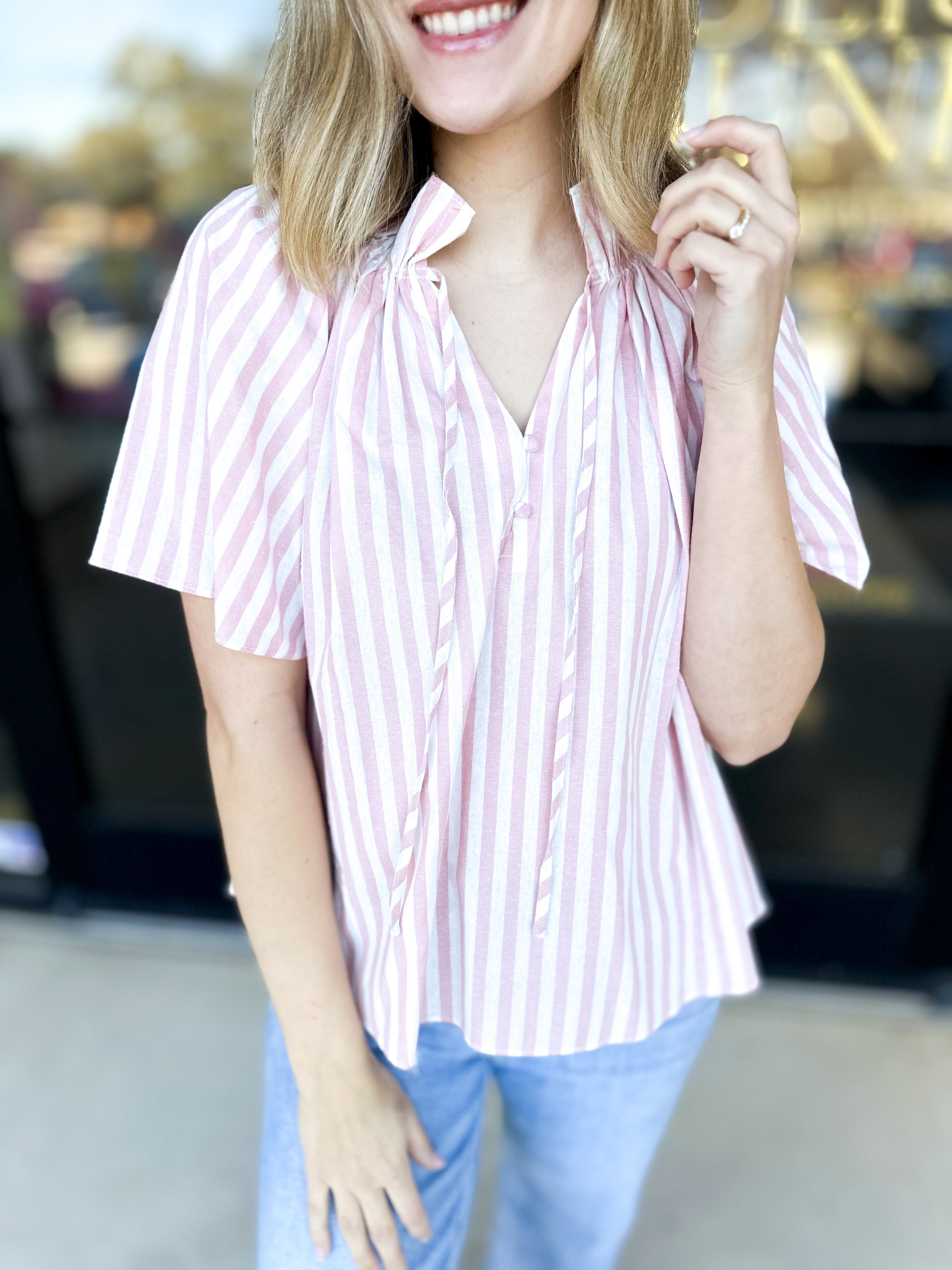 Preppy Striped Blouse-200 Fashion Blouses-FATE-July & June Women's Fashion Boutique Located in San Antonio, Texas