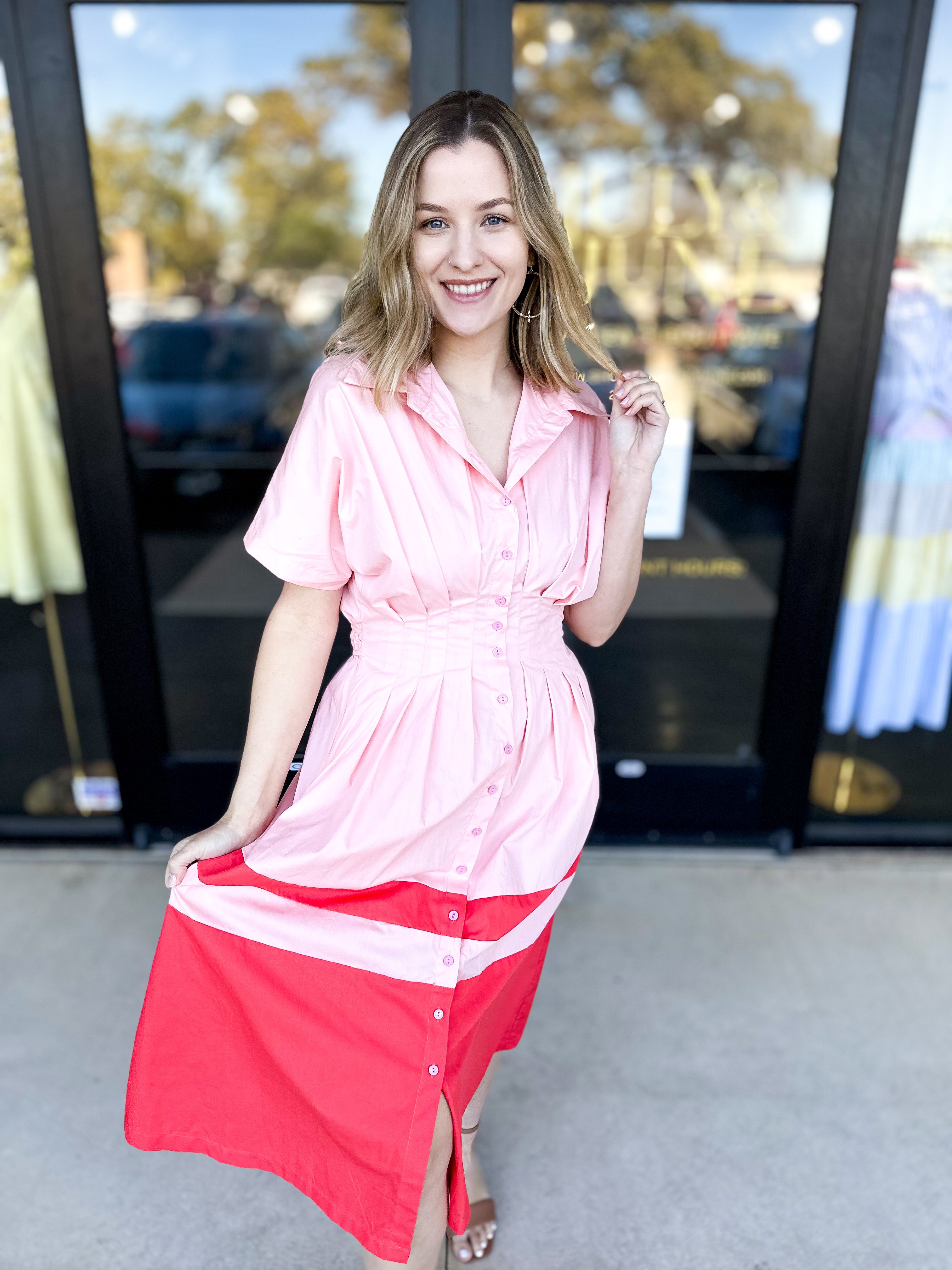 Pink & Red Contrast Midi Dress-500 Midi-&MERCI-July & June Women's Fashion Boutique Located in San Antonio, Texas