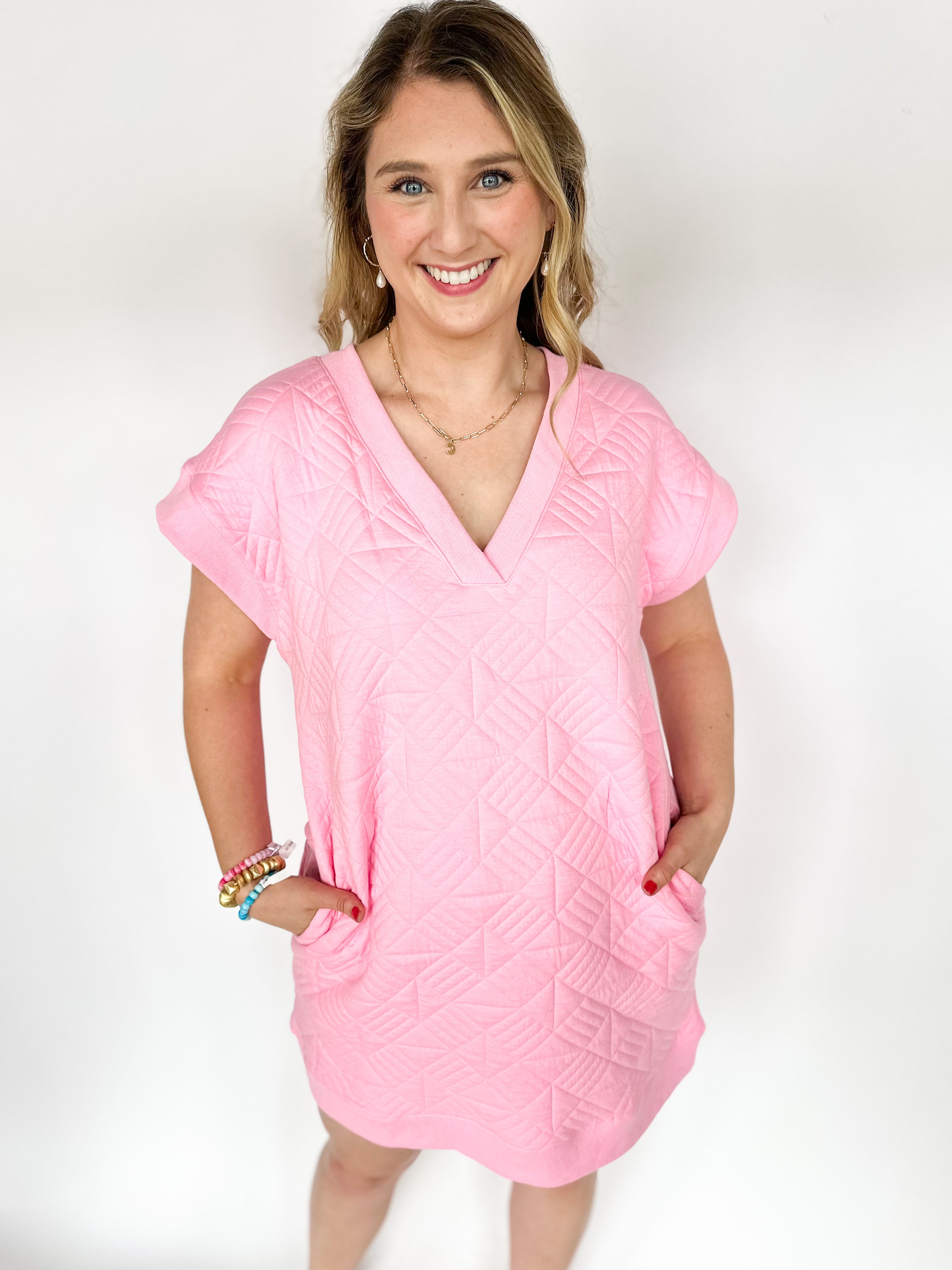 Textured V-Neck T-Shirt Mini Dress - Pink-510 Mini-ENTRO-July & June Women's Fashion Boutique Located in San Antonio, Texas