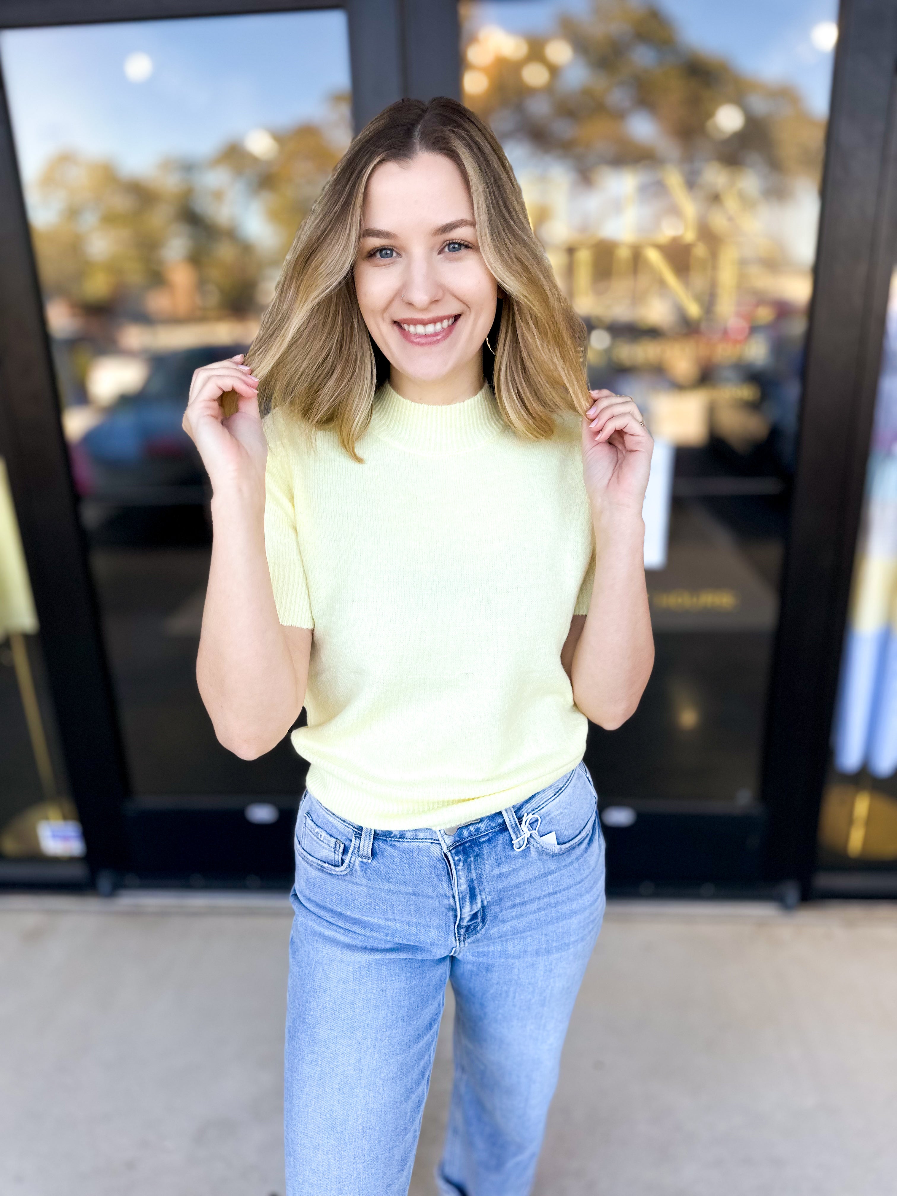 A Pastel Affair Knit Tee - Yellow-230 Sweaters/Cardis-PINCH-July & June Women's Fashion Boutique Located in San Antonio, Texas