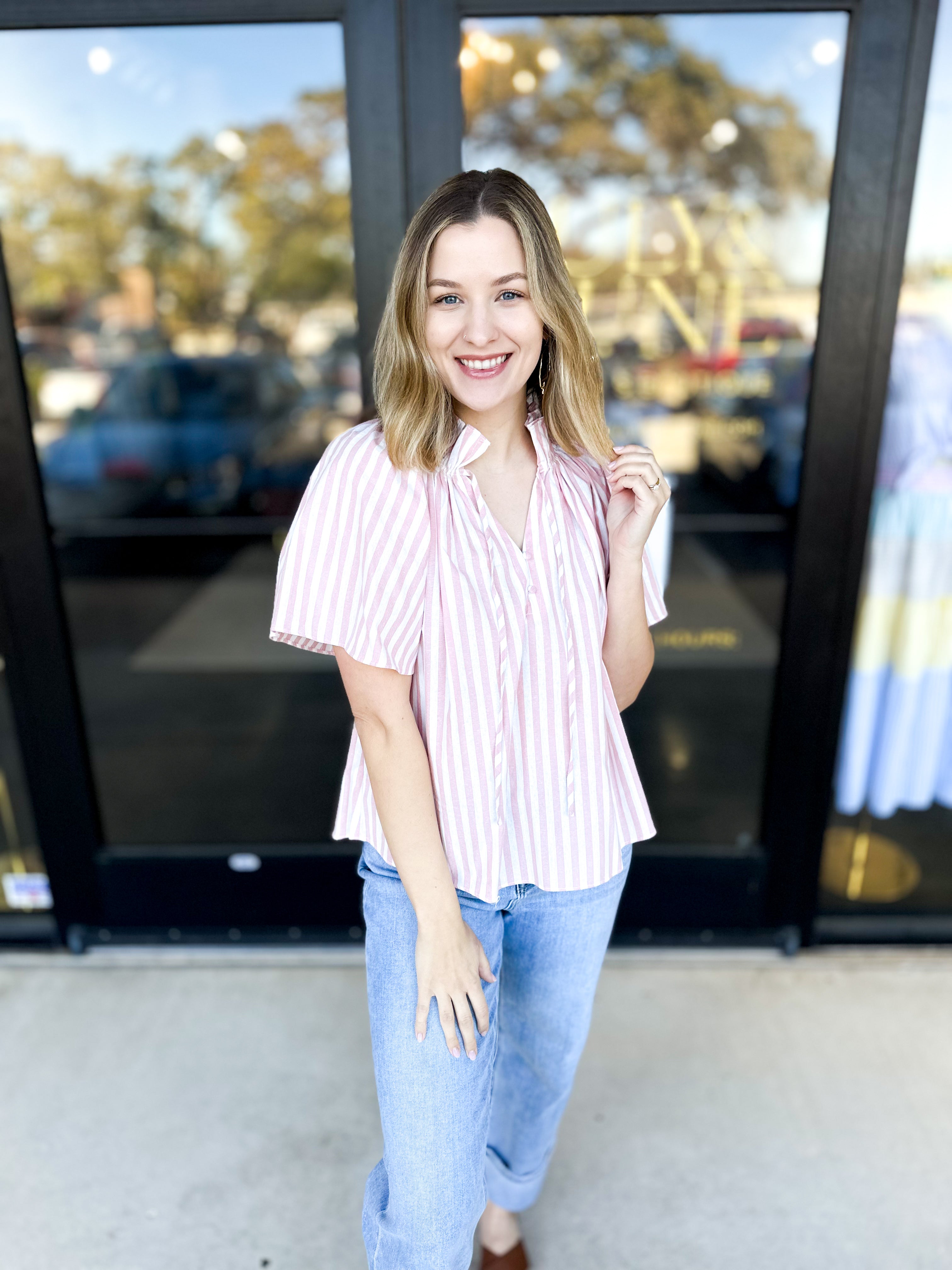 Preppy Striped Blouse-200 Fashion Blouses-FATE-July & June Women's Fashion Boutique Located in San Antonio, Texas