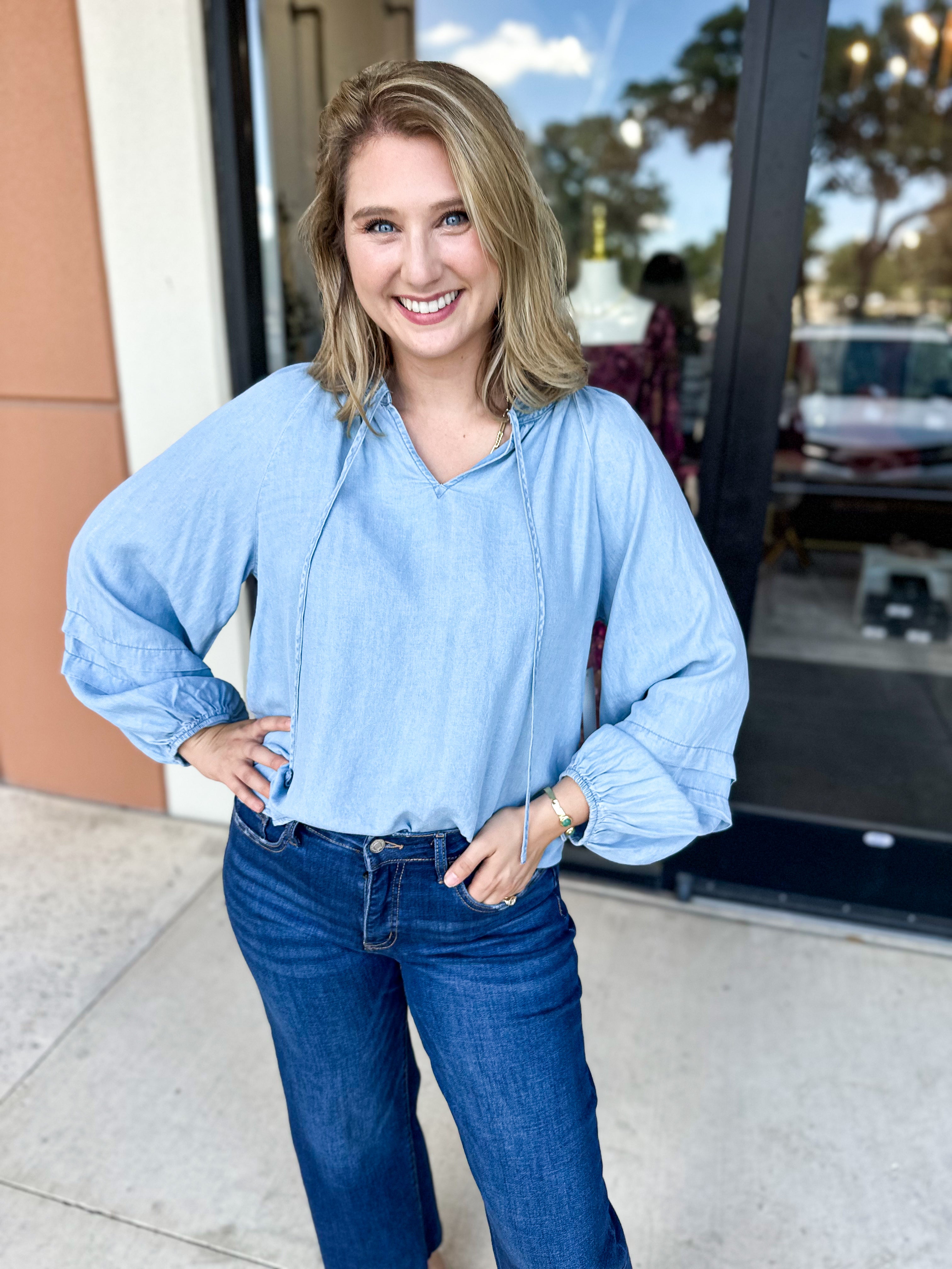 The Dreamy Denim Blouse-200 Fashion Blouses-FATE-July & June Women's Fashion Boutique Located in San Antonio, Texas