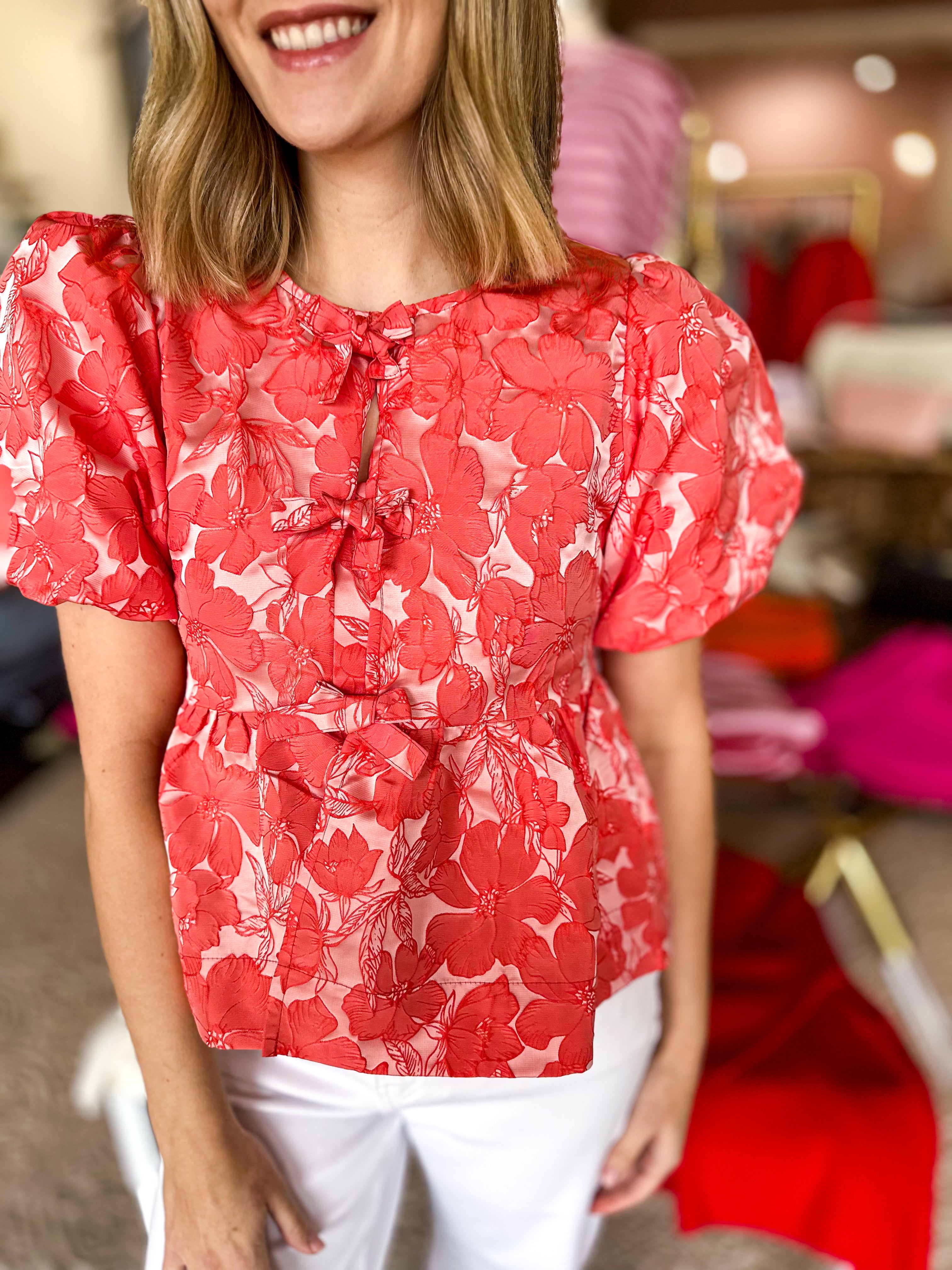 Coral Bow Blouse-200 Fashion Blouses-JODIFL-July & June Women's Fashion Boutique Located in San Antonio, Texas