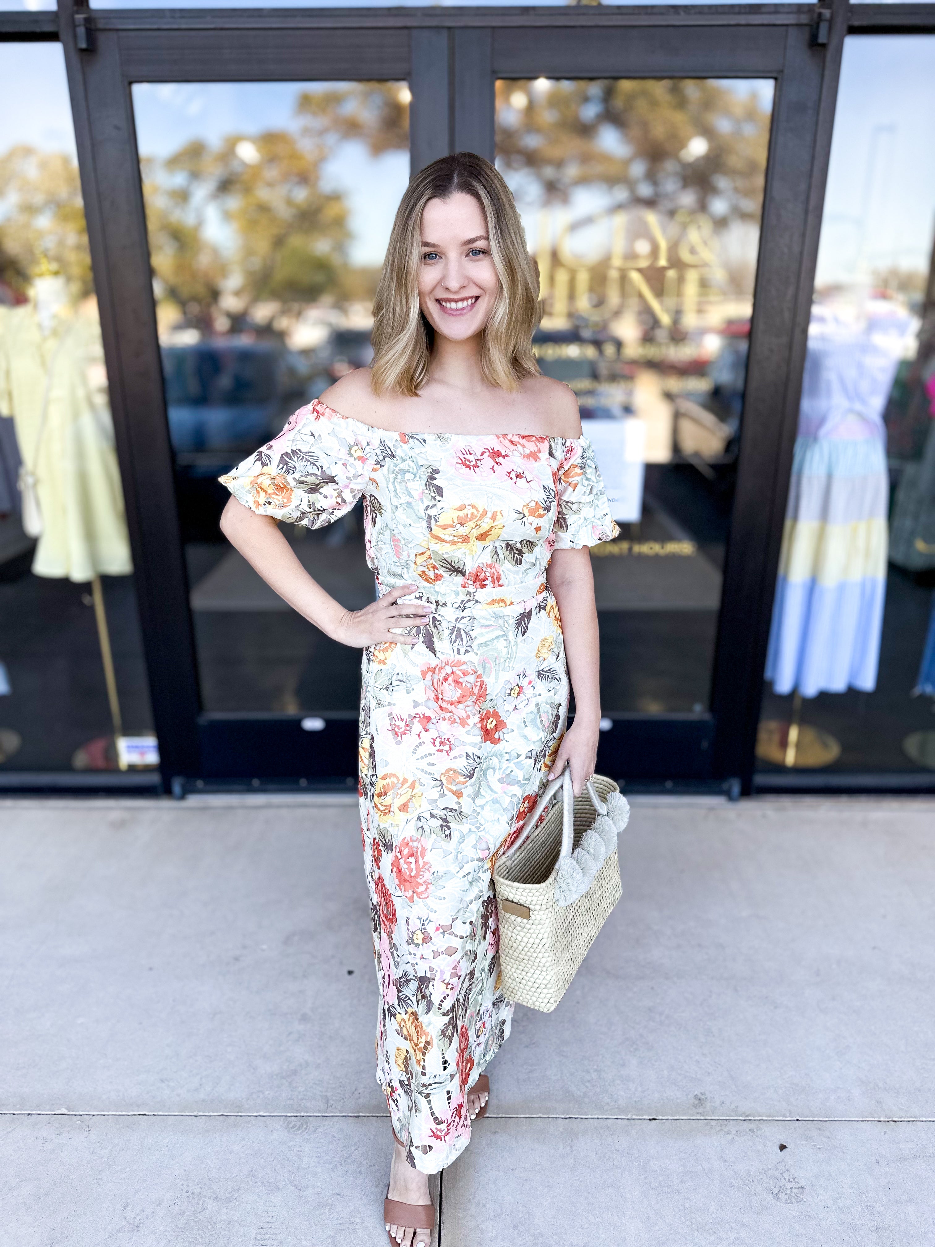 Whimsical Floral Midi Dress-500 Midi-SKIES ARE BLUE-July & June Women's Fashion Boutique Located in San Antonio, Texas