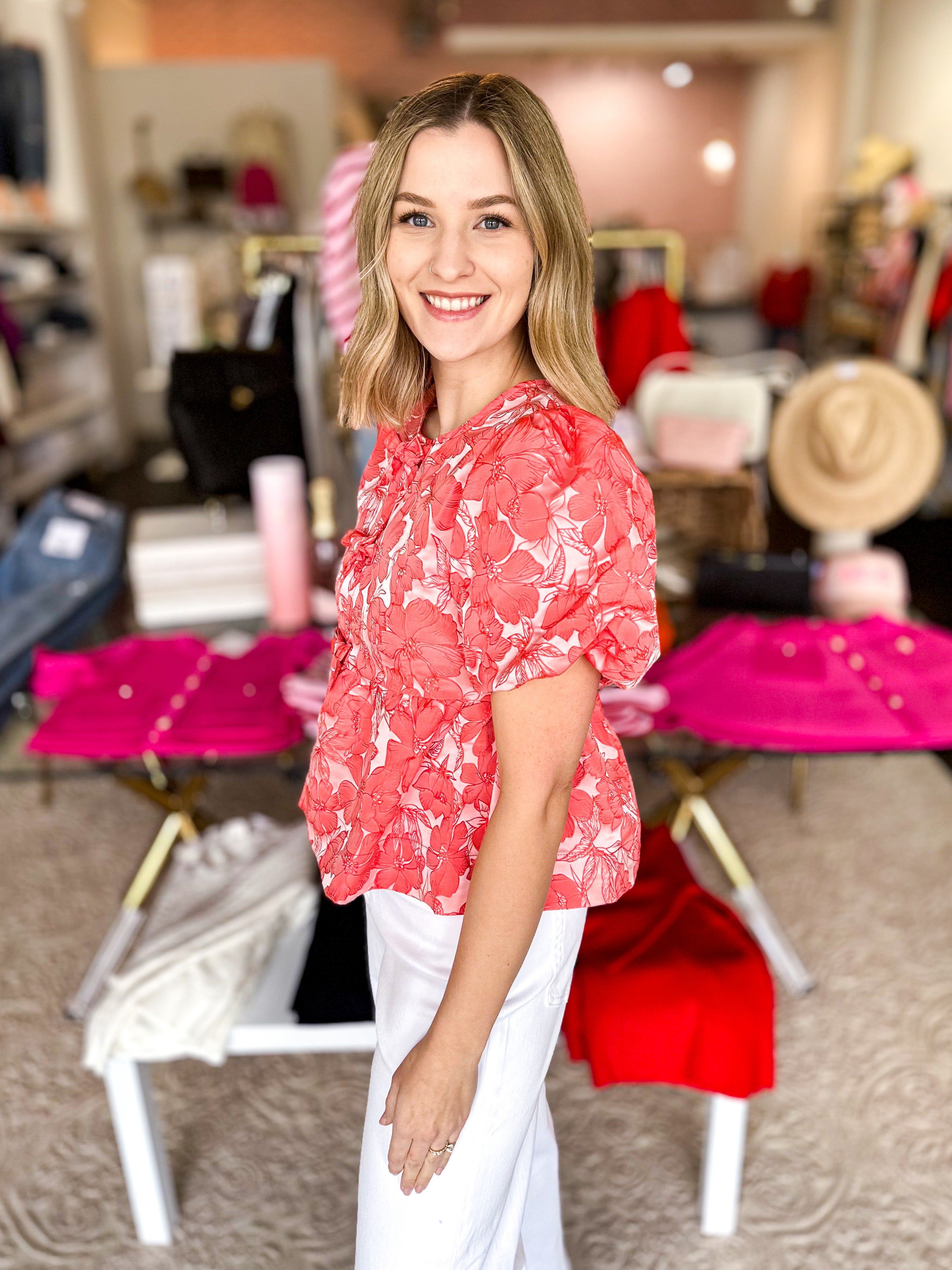 Coral Bow Blouse-200 Fashion Blouses-JODIFL-July & June Women's Fashion Boutique Located in San Antonio, Texas