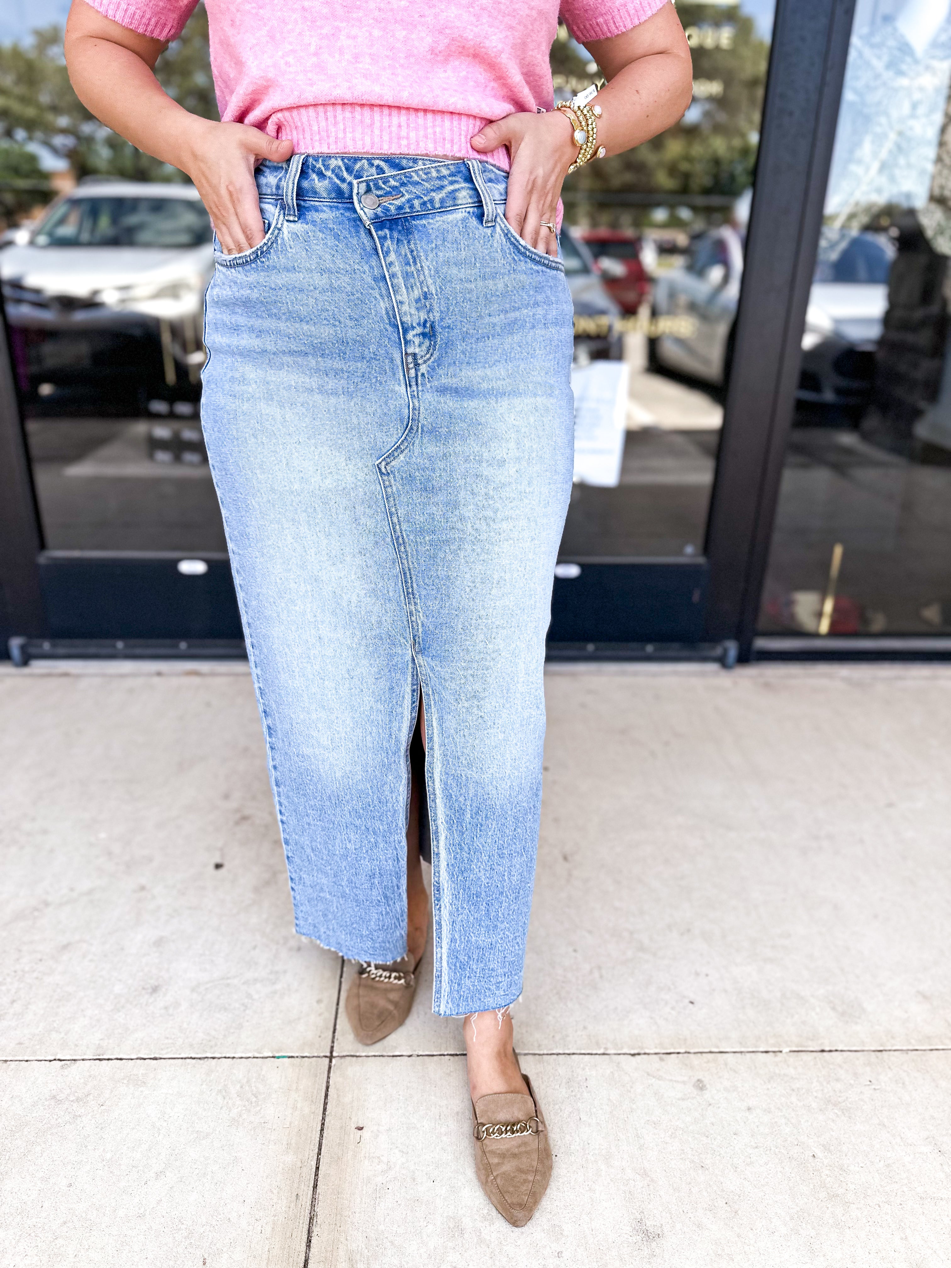 Vervet Asymmetrical Denim Midi Skirt-410 Shorts/Skirts-VEVERT BY FLYING MONKEY-July & June Women's Fashion Boutique Located in San Antonio, Texas