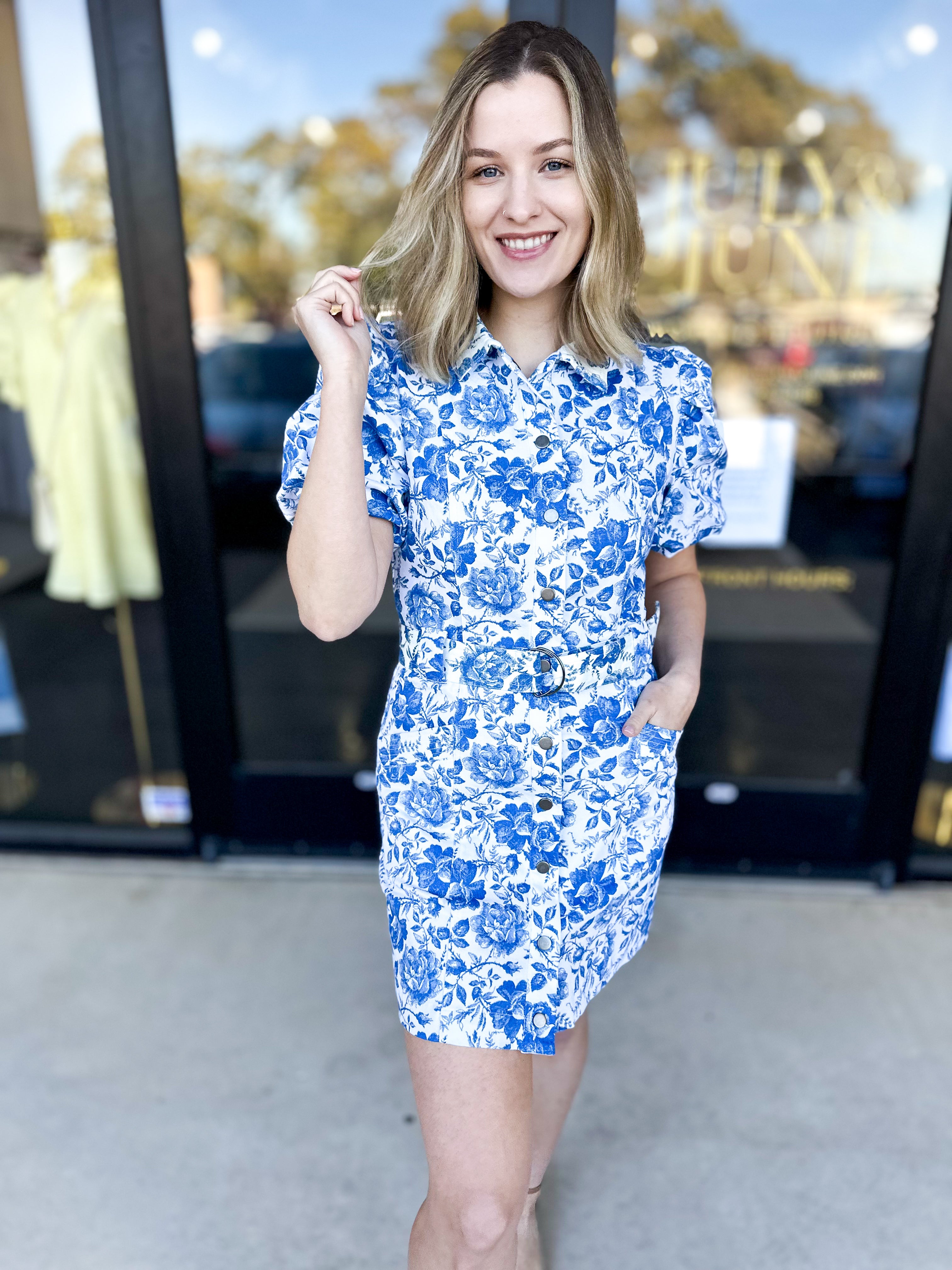 Classic Blue Floral Mini Dress-510 Mini-FATE-July & June Women's Fashion Boutique Located in San Antonio, Texas