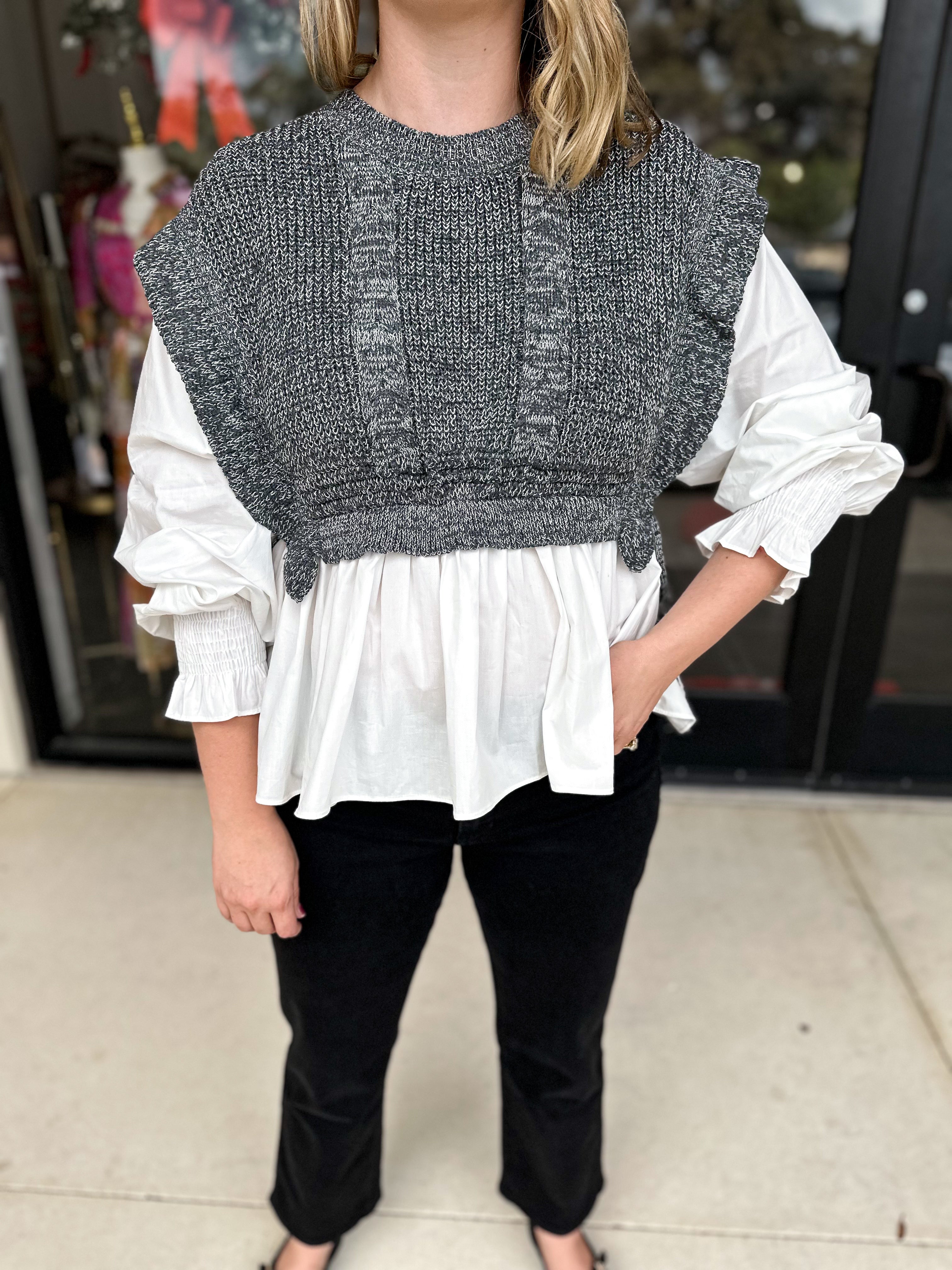 Grey Layered Knit Blouse-200 Fashion Blouses-PINCH-July & June Women's Fashion Boutique Located in San Antonio, Texas