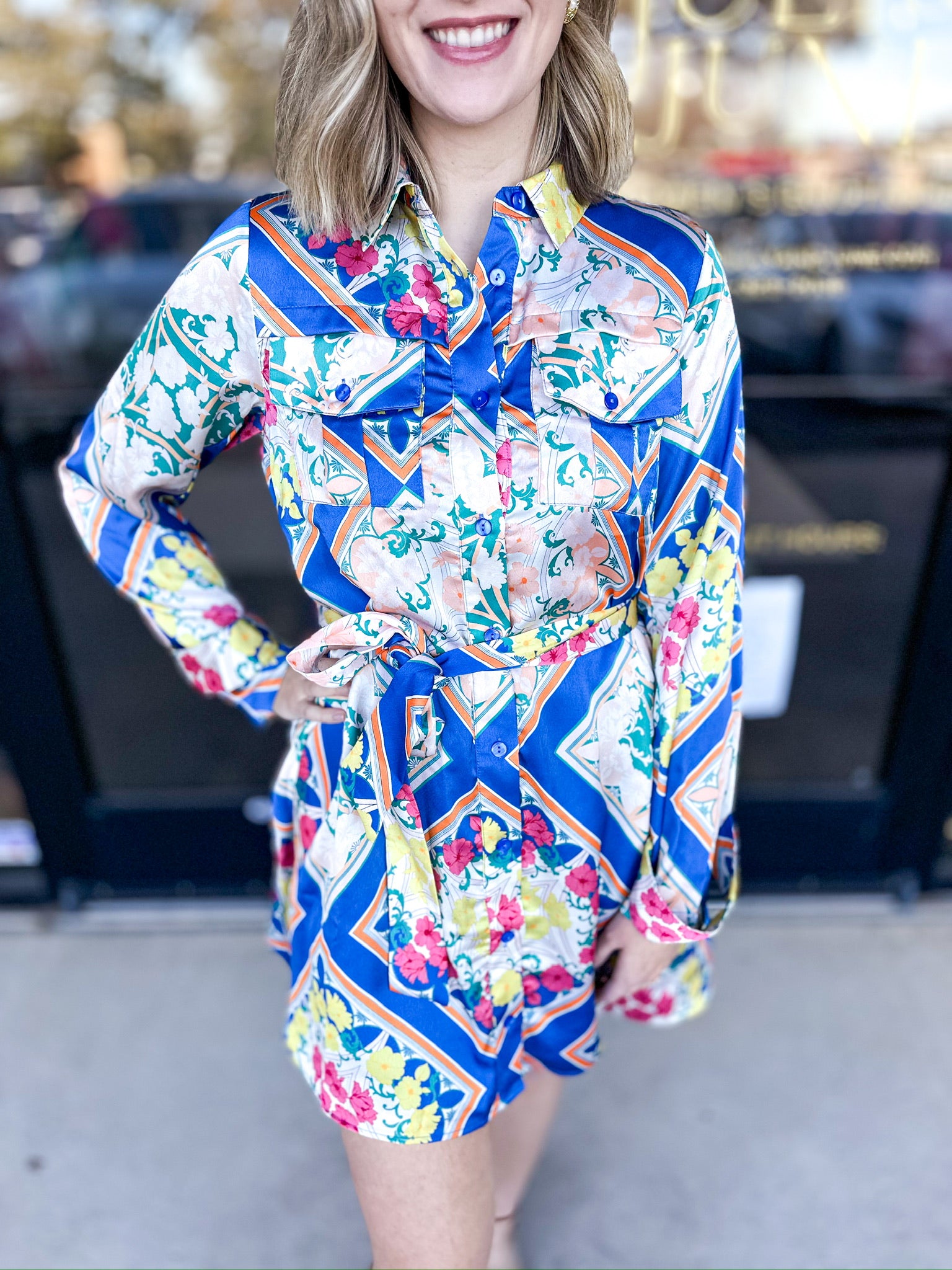 Royal Blue Scarf Print Mini Dress-510 Mini-FATE-July & June Women's Fashion Boutique Located in San Antonio, Texas