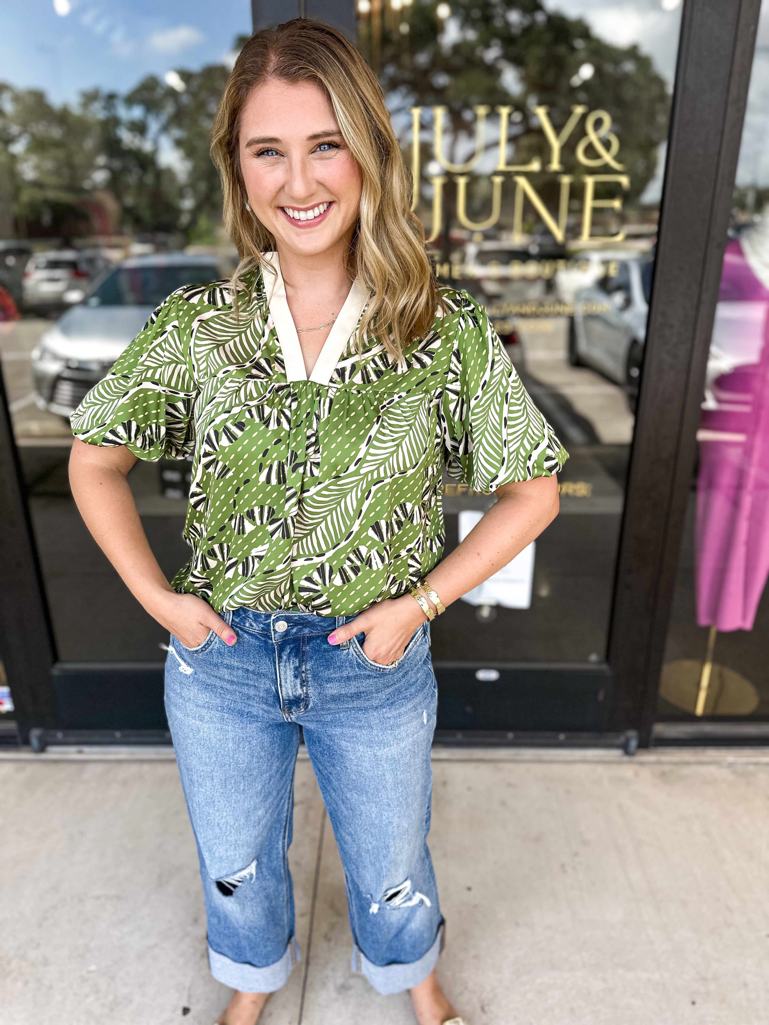 THML - Abstract Greenery Blouse-200 Fashion Blouses-THML-July & June Women's Fashion Boutique Located in San Antonio, Texas