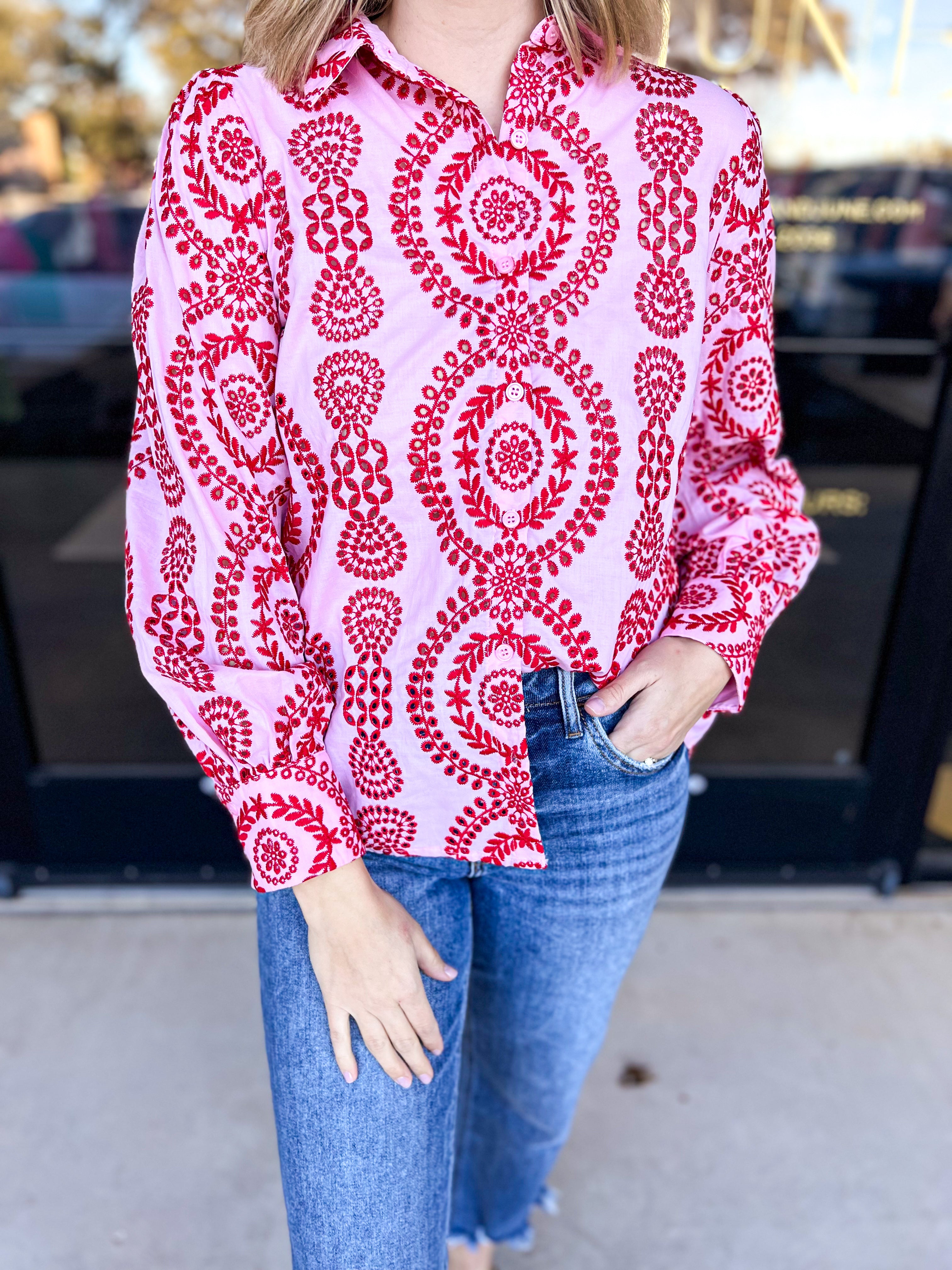 Pink & Red Embroidered Button Down Blouse-200 Fashion Blouses-SKIES ARE BLUE-July & June Women's Fashion Boutique Located in San Antonio, Texas