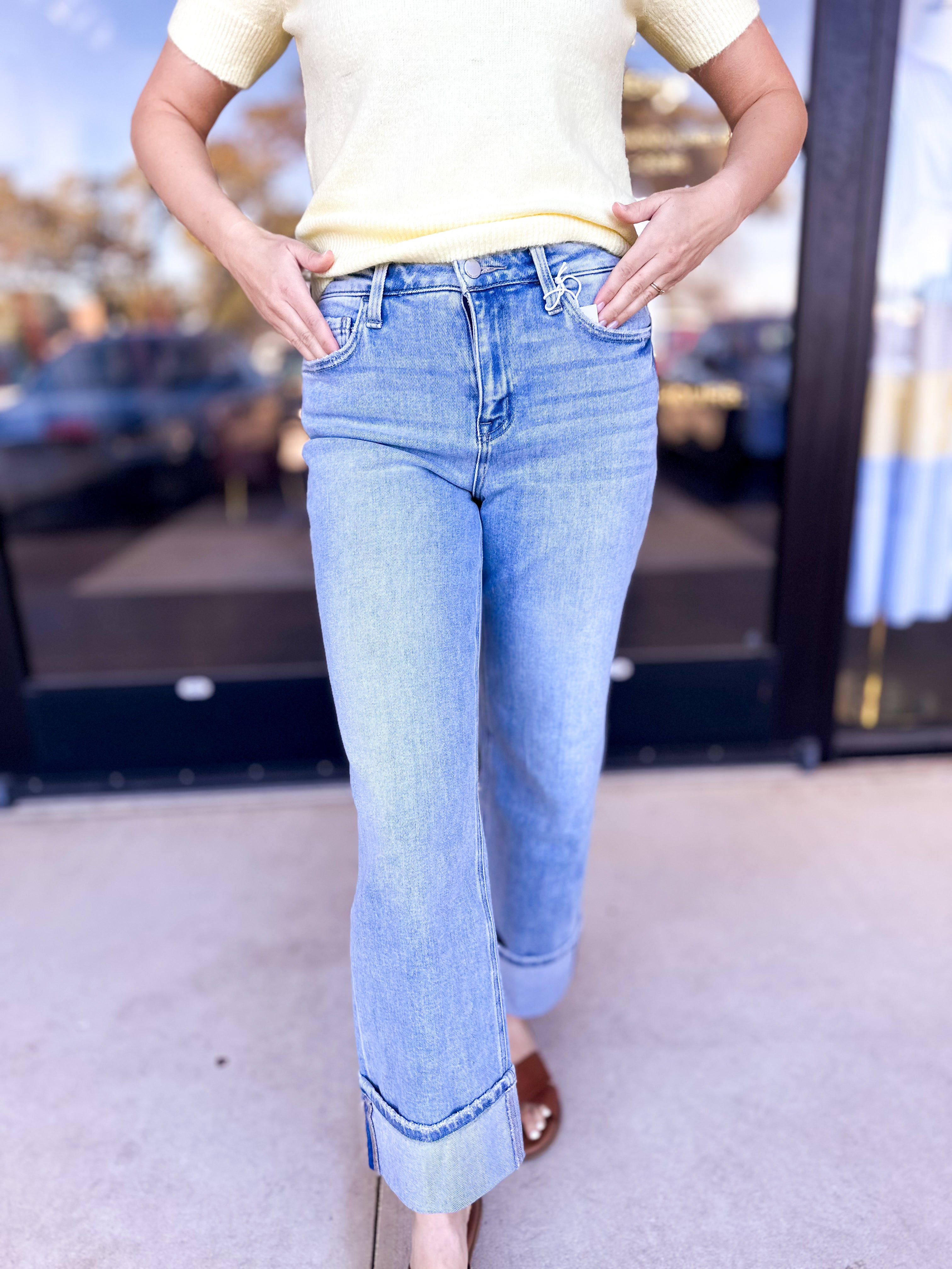 Vervet - Cuffed High Rise Slim Wide Leg Jeans-400 Pants-VEVERT BY FLYING MONKEY-July & June Women's Fashion Boutique Located in San Antonio, Texas