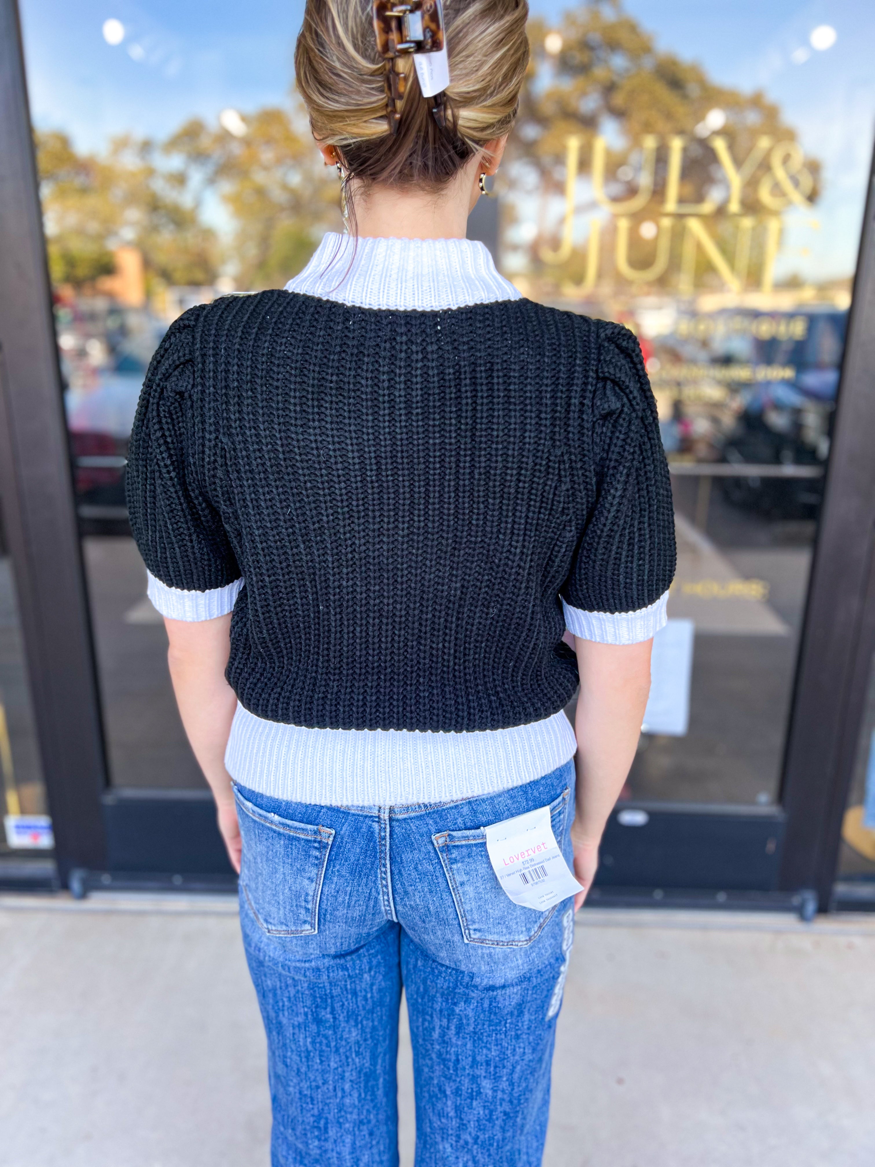 Black & White Short Sleeve Knit-230 Sweaters/Cardis-SUGARLIPS-July & June Women's Fashion Boutique Located in San Antonio, Texas