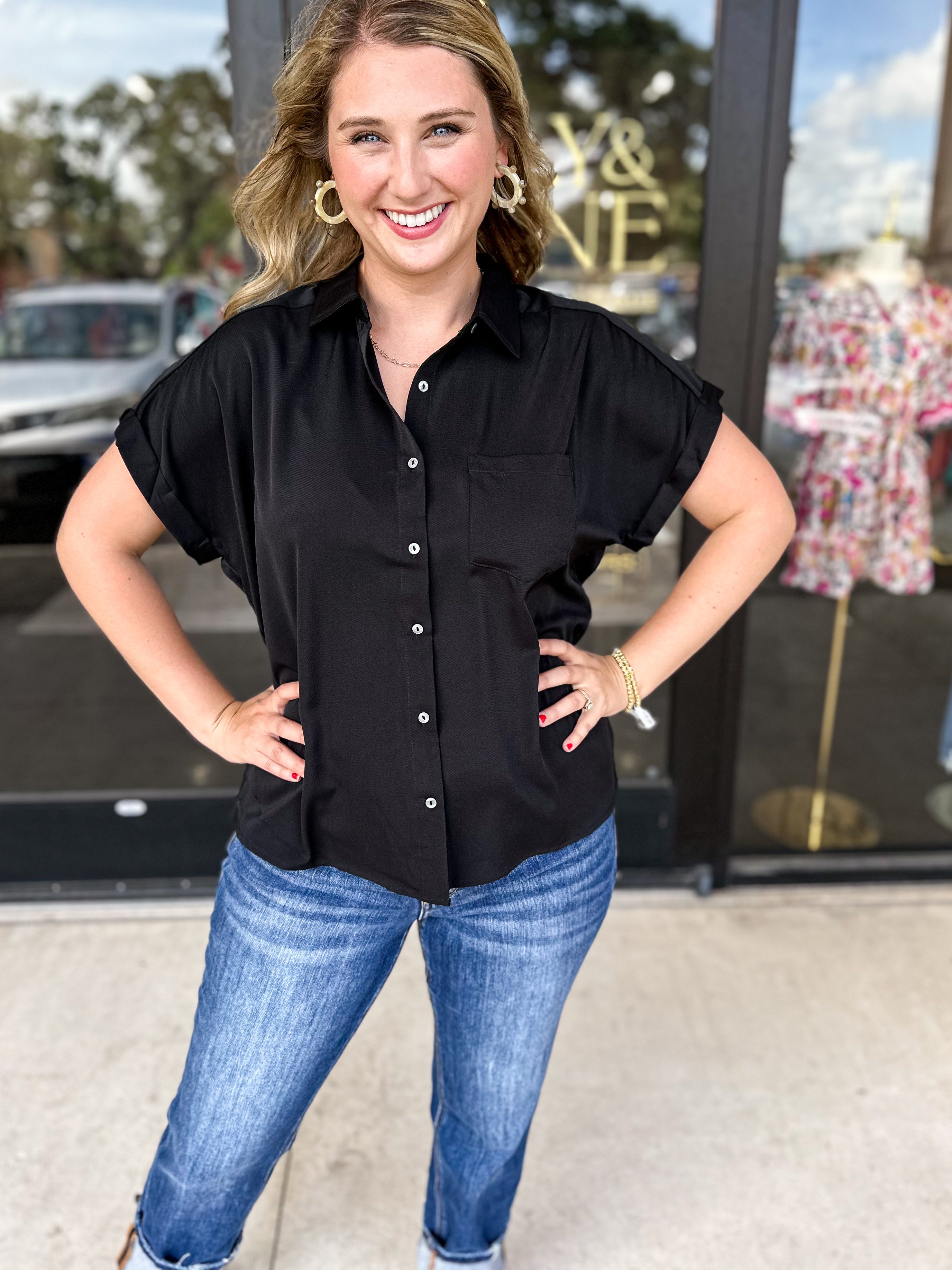 Work It Button Down Blouse - Black-200 Fashion Blouses-ENTRO-July & June Women's Fashion Boutique Located in San Antonio, Texas