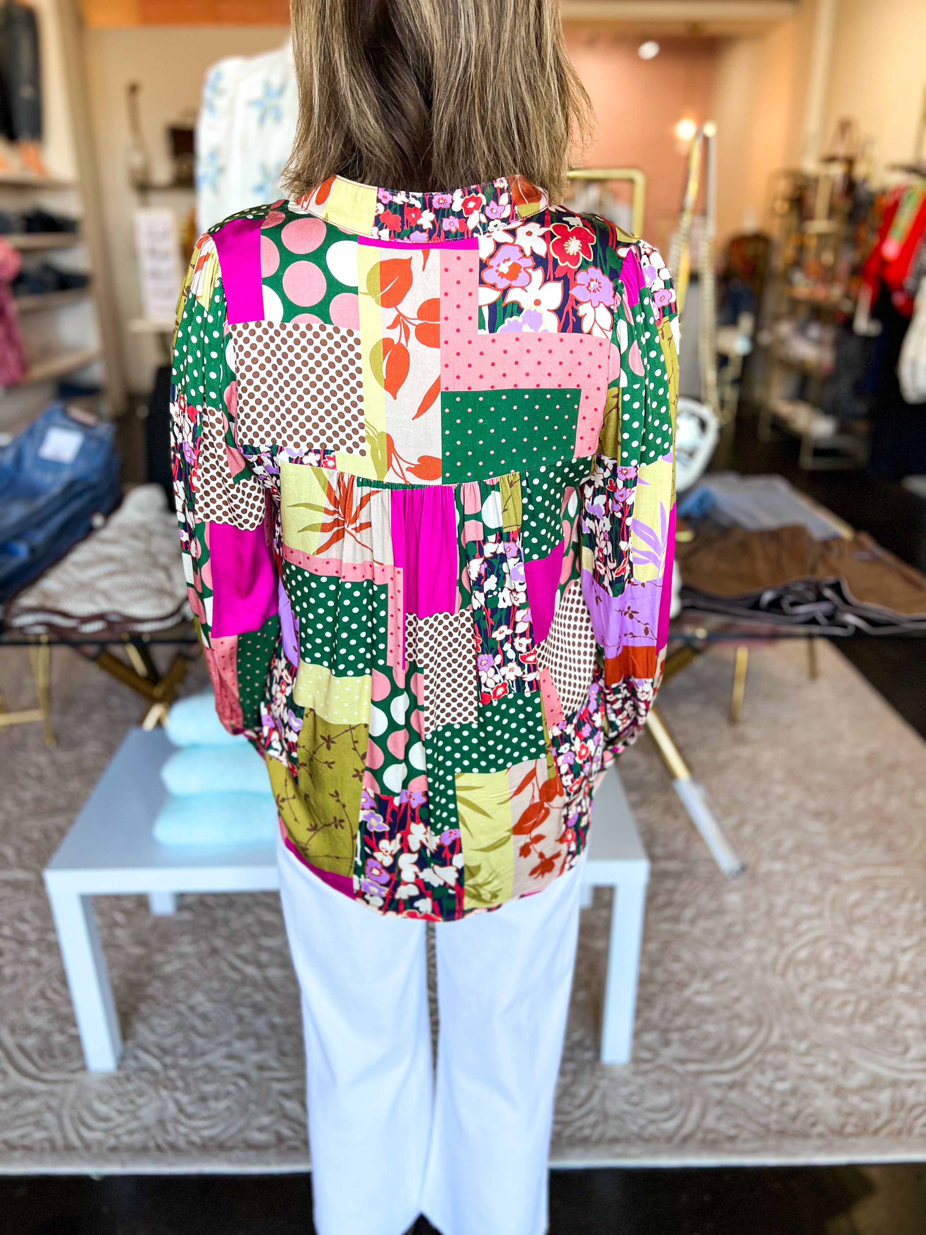 Magenta Patchwork Blouse-200 Fashion Blouses-FATE-July & June Women's Fashion Boutique Located in San Antonio, Texas