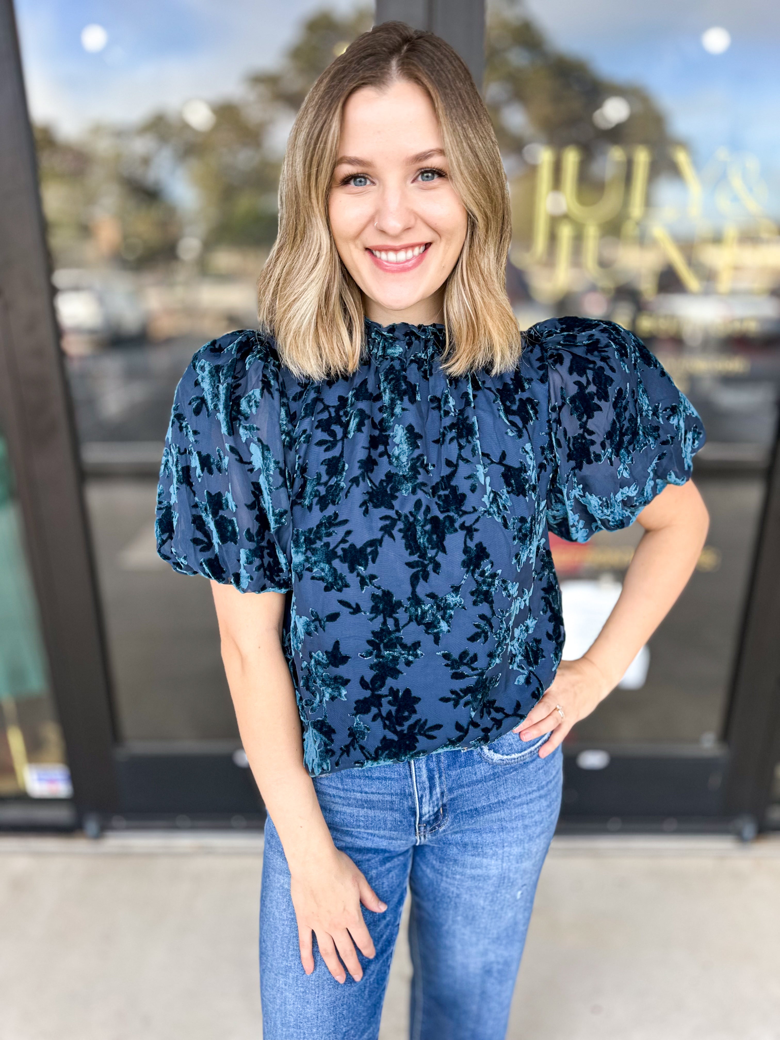 THML-Velvet Floral Winter Blouse-Navy-200 Fashion Blouses-THML-July & June Women's Fashion Boutique Located in San Antonio, Texas