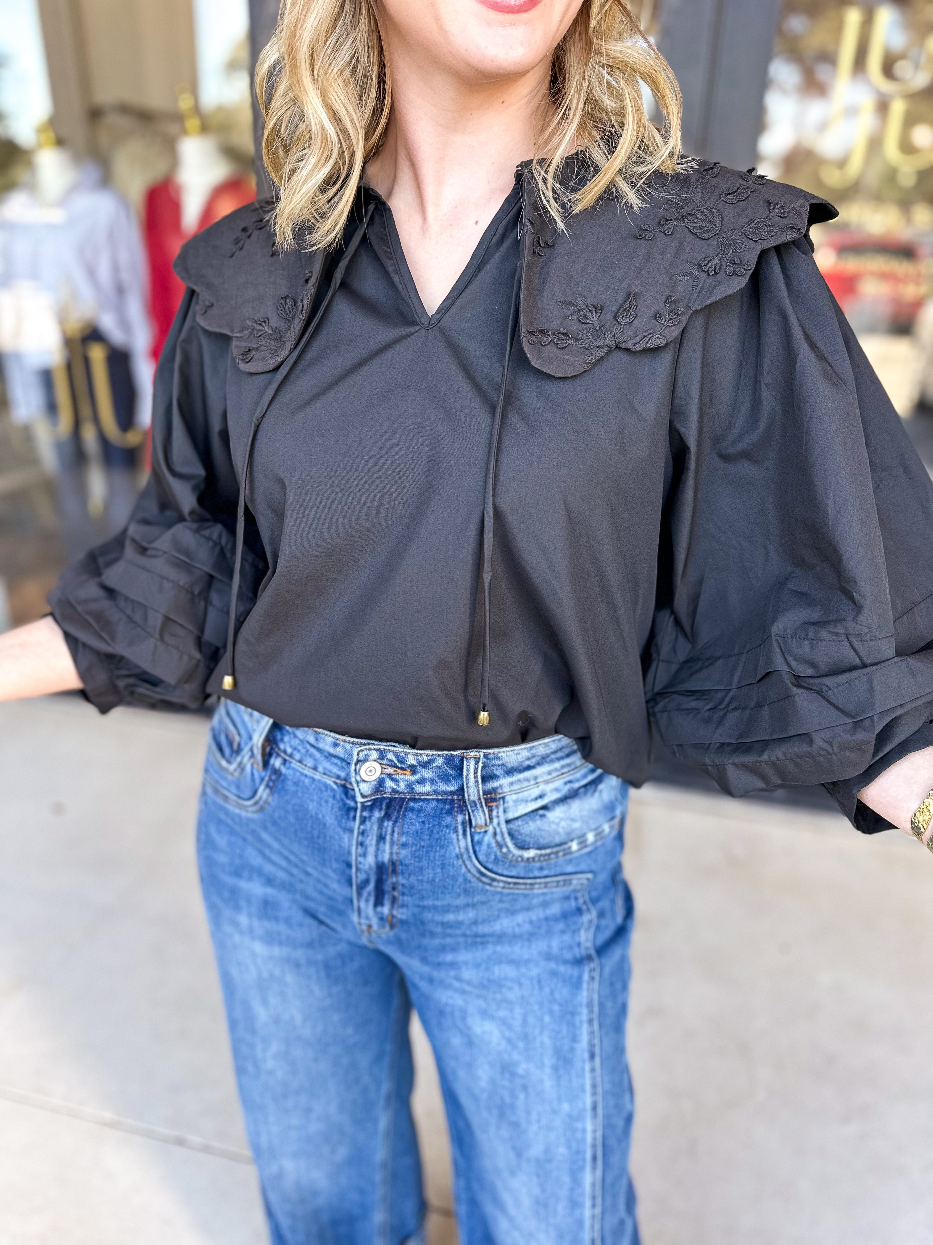 Lace Peter Pan Collar Blouse - Black-200 Fashion Blouses-ENTRO-July & June Women's Fashion Boutique Located in San Antonio, Texas