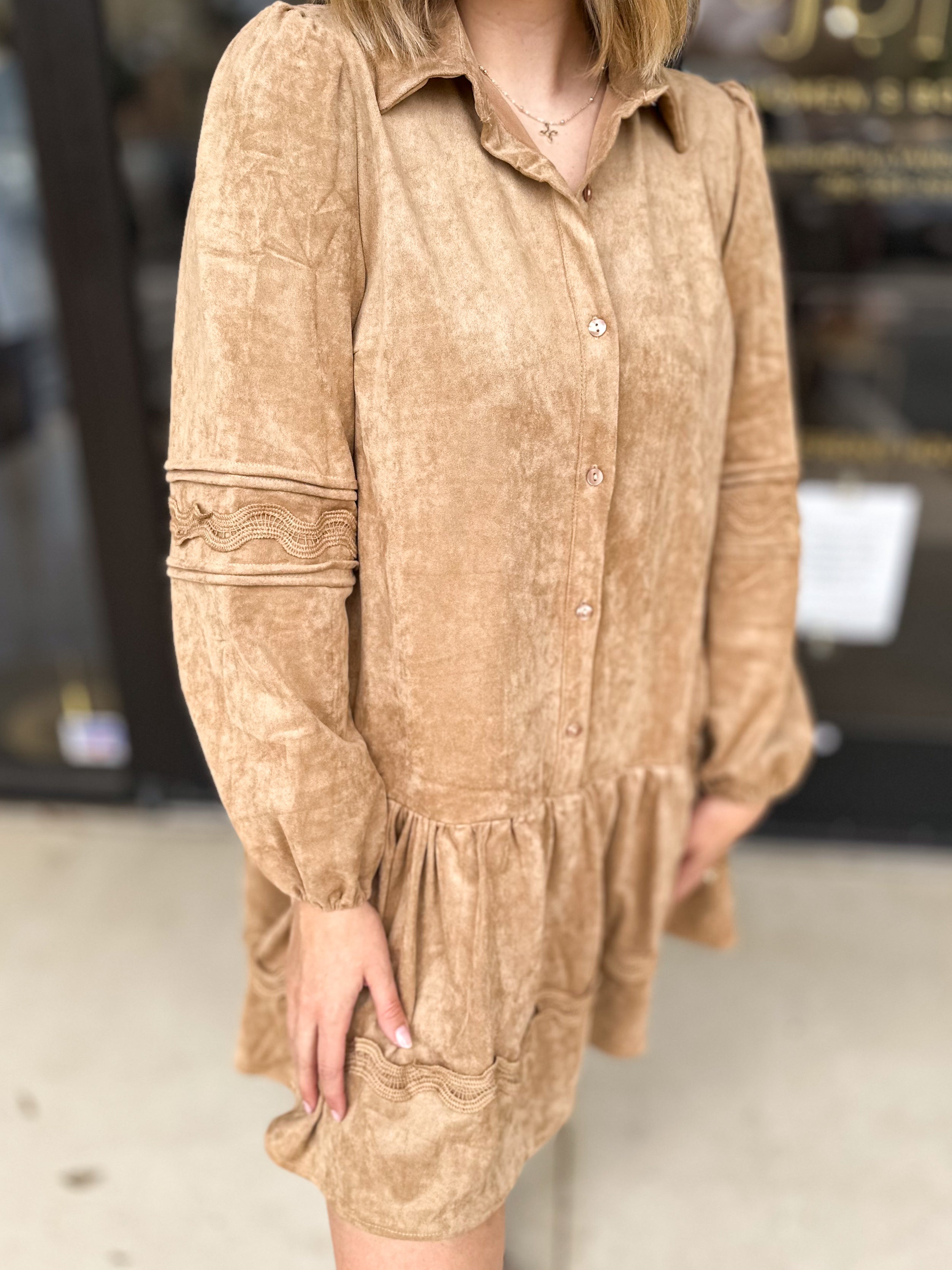 Collared Suede Mini Dress - Tan-510 Mini-ABLE-July & June Women's Fashion Boutique Located in San Antonio, Texas