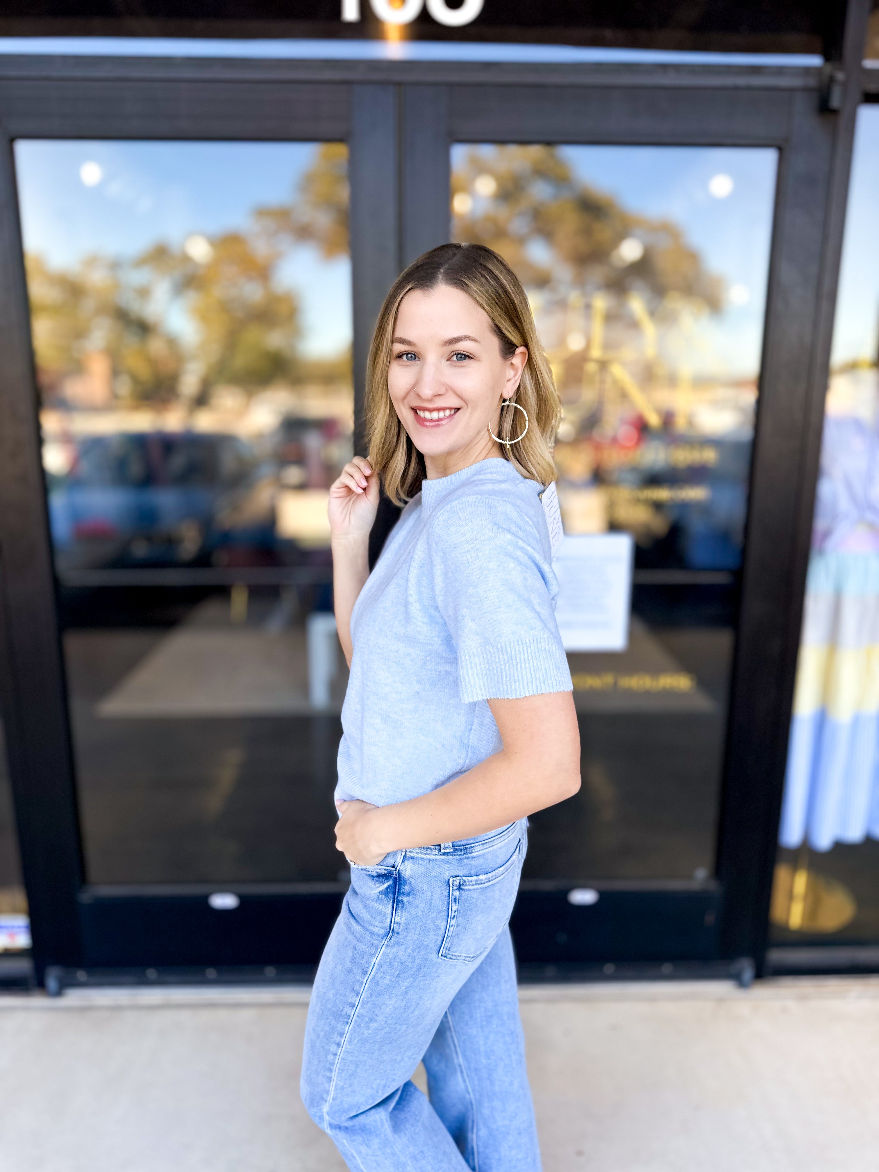 A Pastel Affair Knit Tee - Light Blue-230 Sweaters/Cardis-PINCH-July & June Women's Fashion Boutique Located in San Antonio, Texas