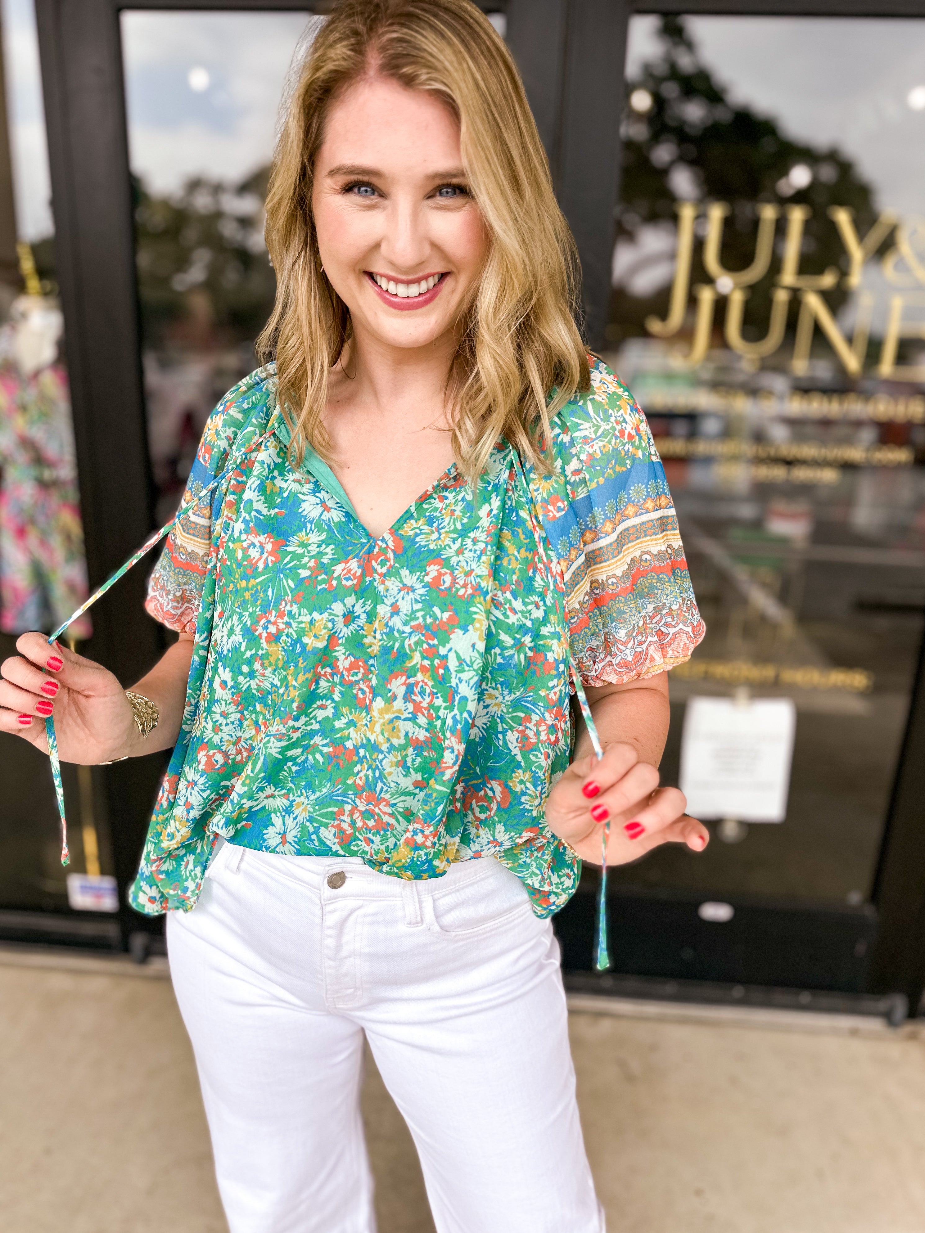 Current Air - Green Garden Floral Blouse-200 Fashion Blouses-CURRENT AIR CLOTHING-July & June Women's Fashion Boutique Located in San Antonio, Texas