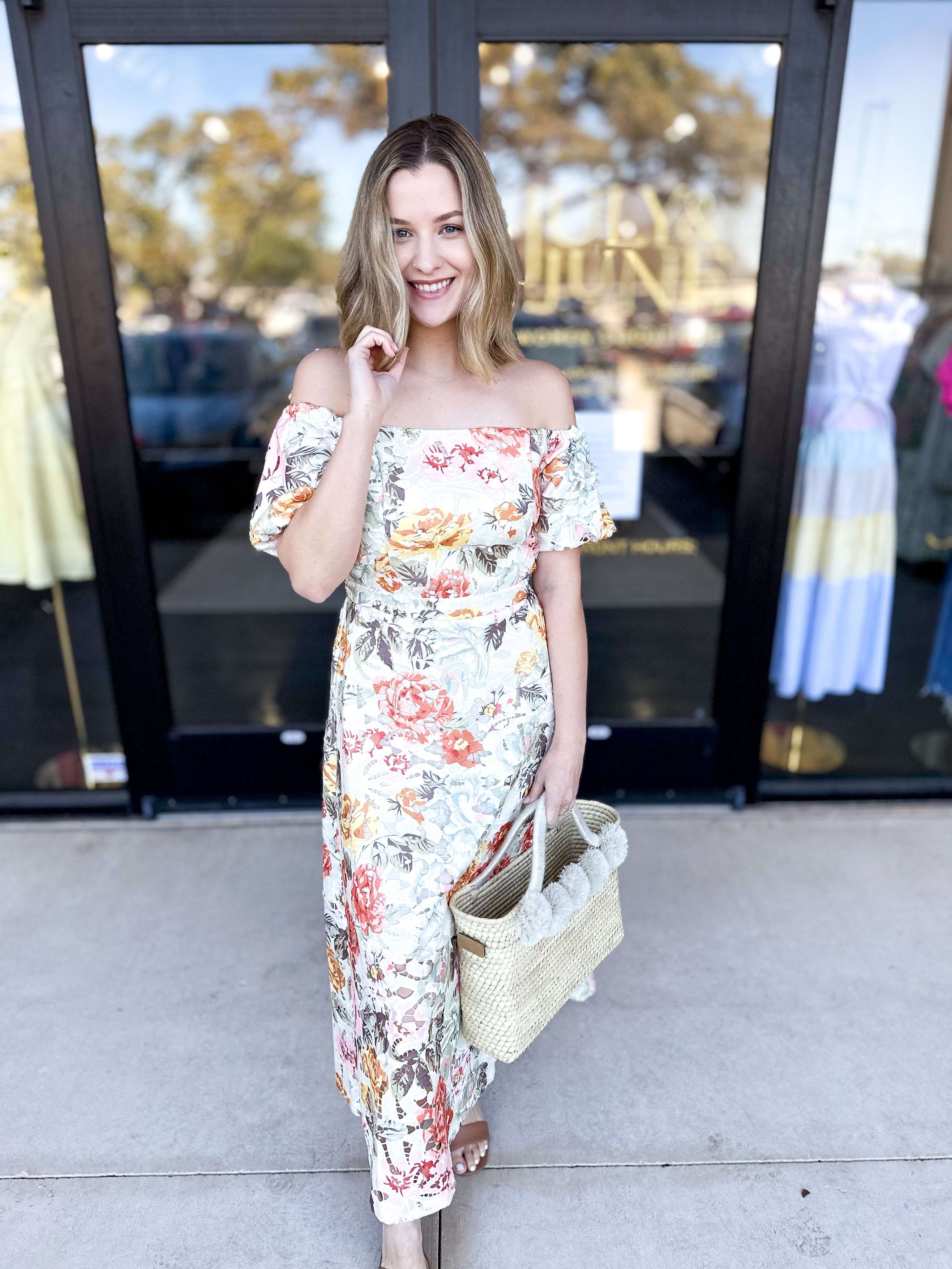 Whimsical Floral Midi Dress-500 Midi-SKIES ARE BLUE-July & June Women's Fashion Boutique Located in San Antonio, Texas