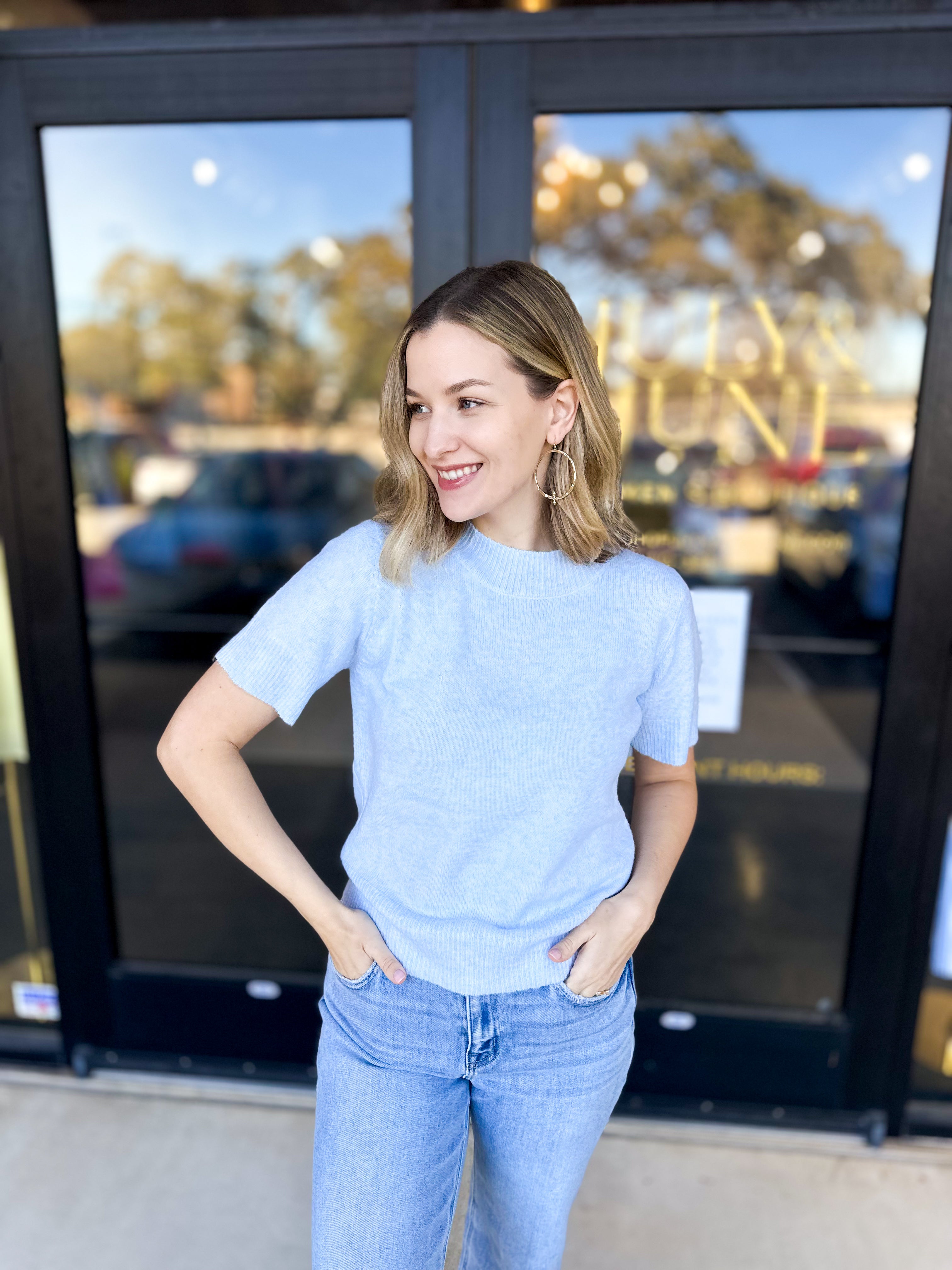 A Pastel Affair Knit Tee - Light Blue-230 Sweaters/Cardis-PINCH-July & June Women's Fashion Boutique Located in San Antonio, Texas