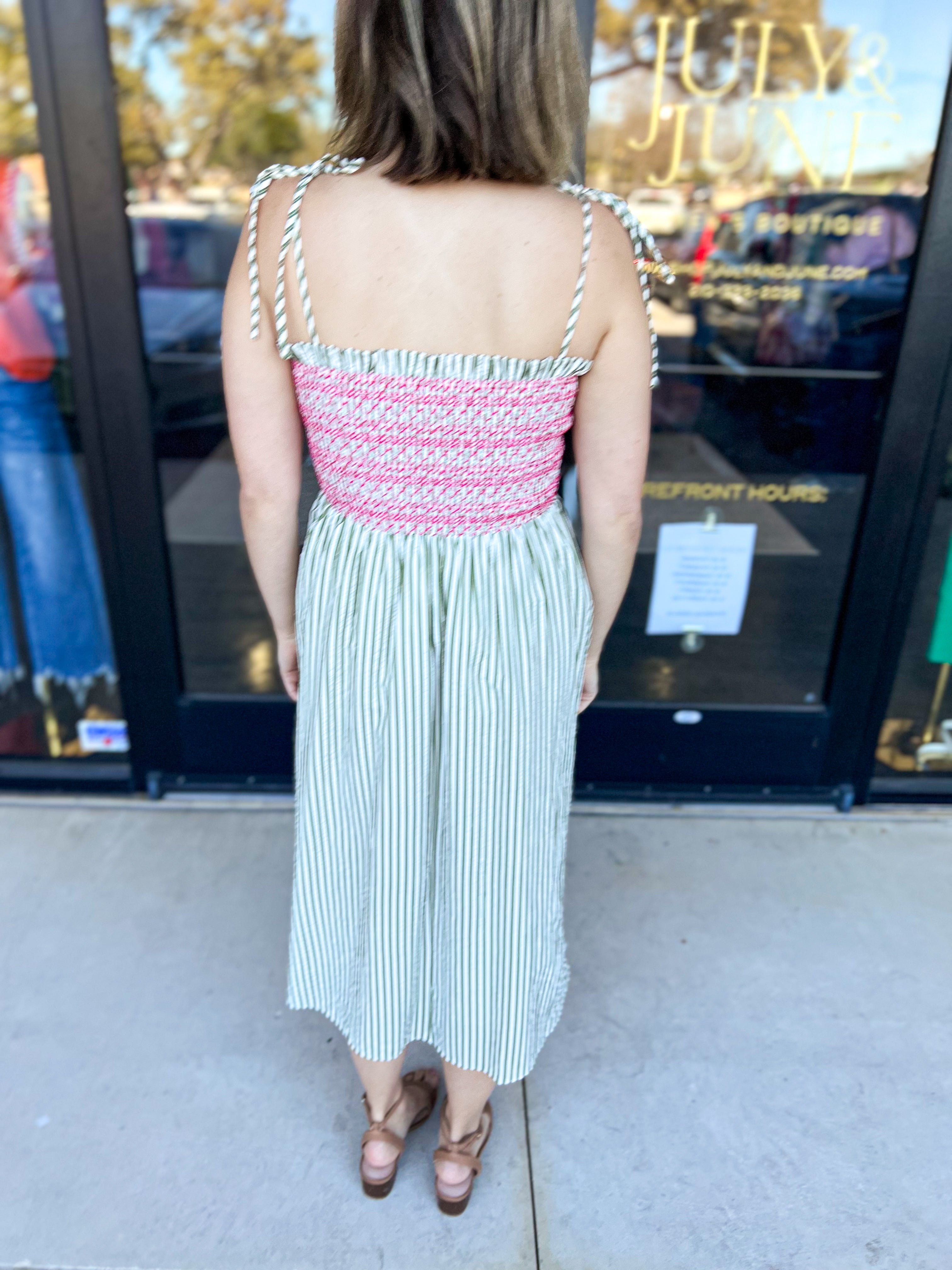 THML - Olive & Pink Pop Midi Dress-500 Midi-THML-July & June Women's Fashion Boutique Located in San Antonio, Texas