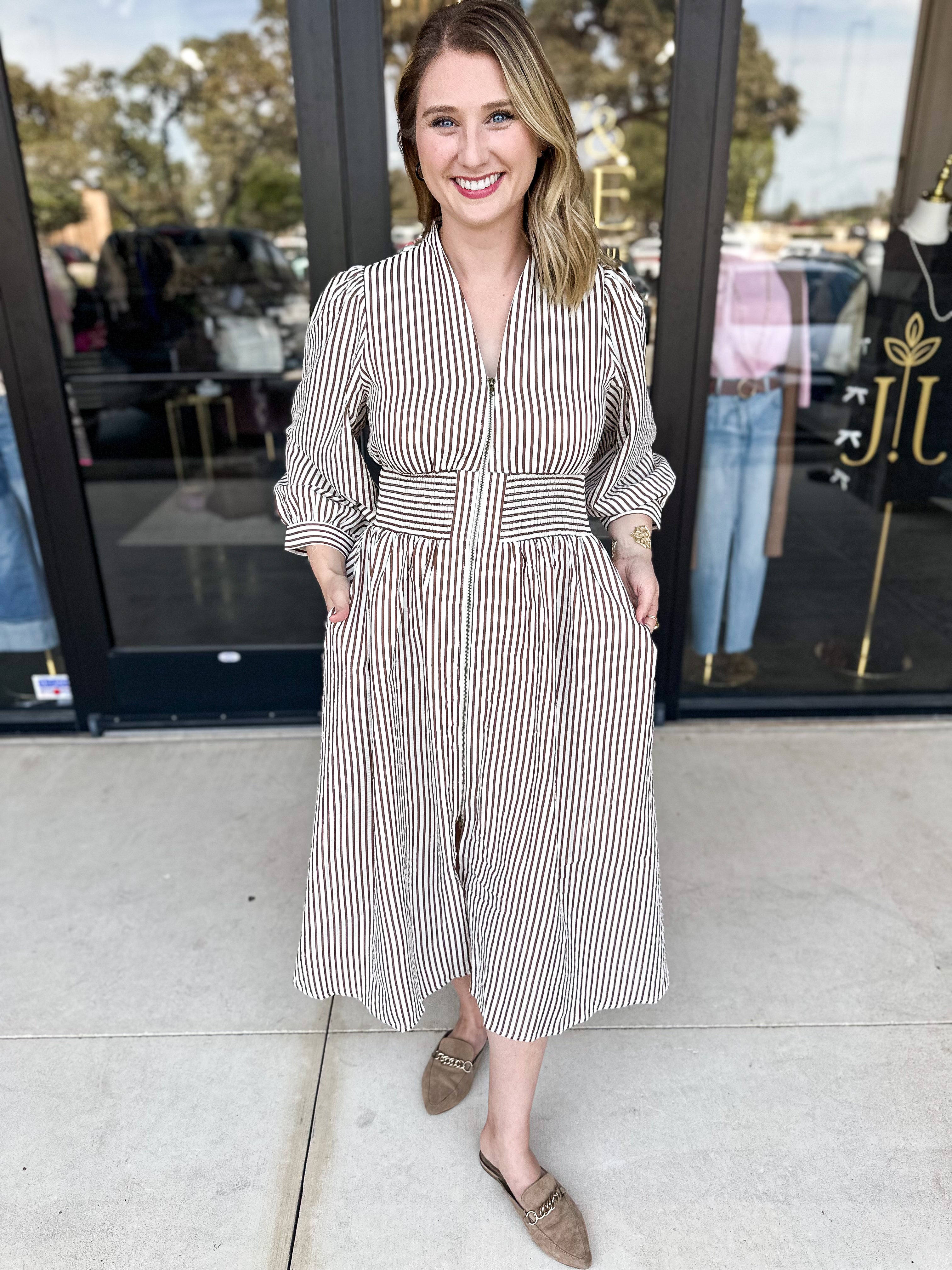 Mocha Stripped Midi Dress-500 Midi-ENTRO-July & June Women's Fashion Boutique Located in San Antonio, Texas