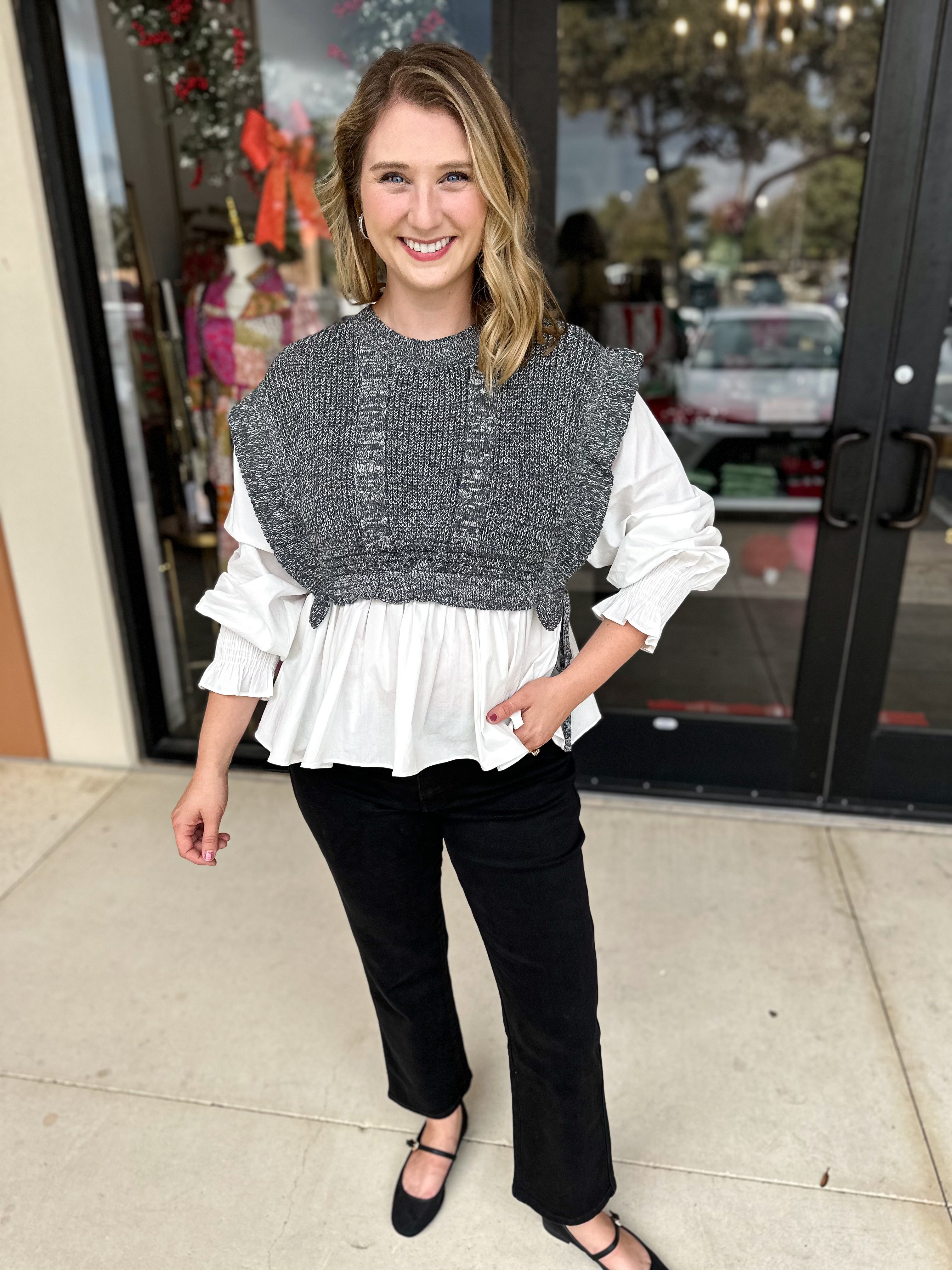 Grey Layered Knit Blouse-200 Fashion Blouses-PINCH-July & June Women's Fashion Boutique Located in San Antonio, Texas