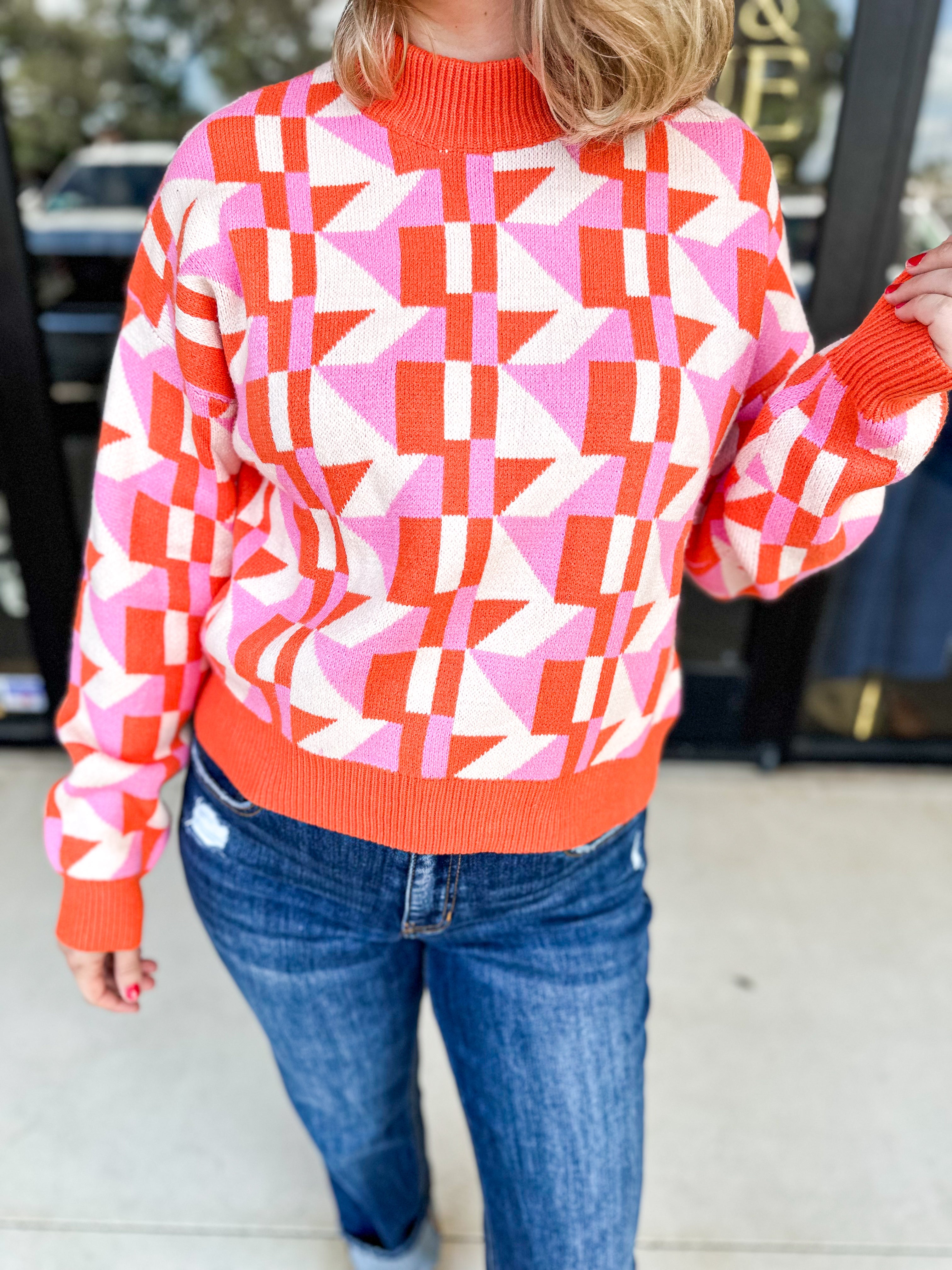 TMHL - Orange & Pink Geo Sweater-230 Sweaters/Cardis-THML-July & June Women's Fashion Boutique Located in San Antonio, Texas