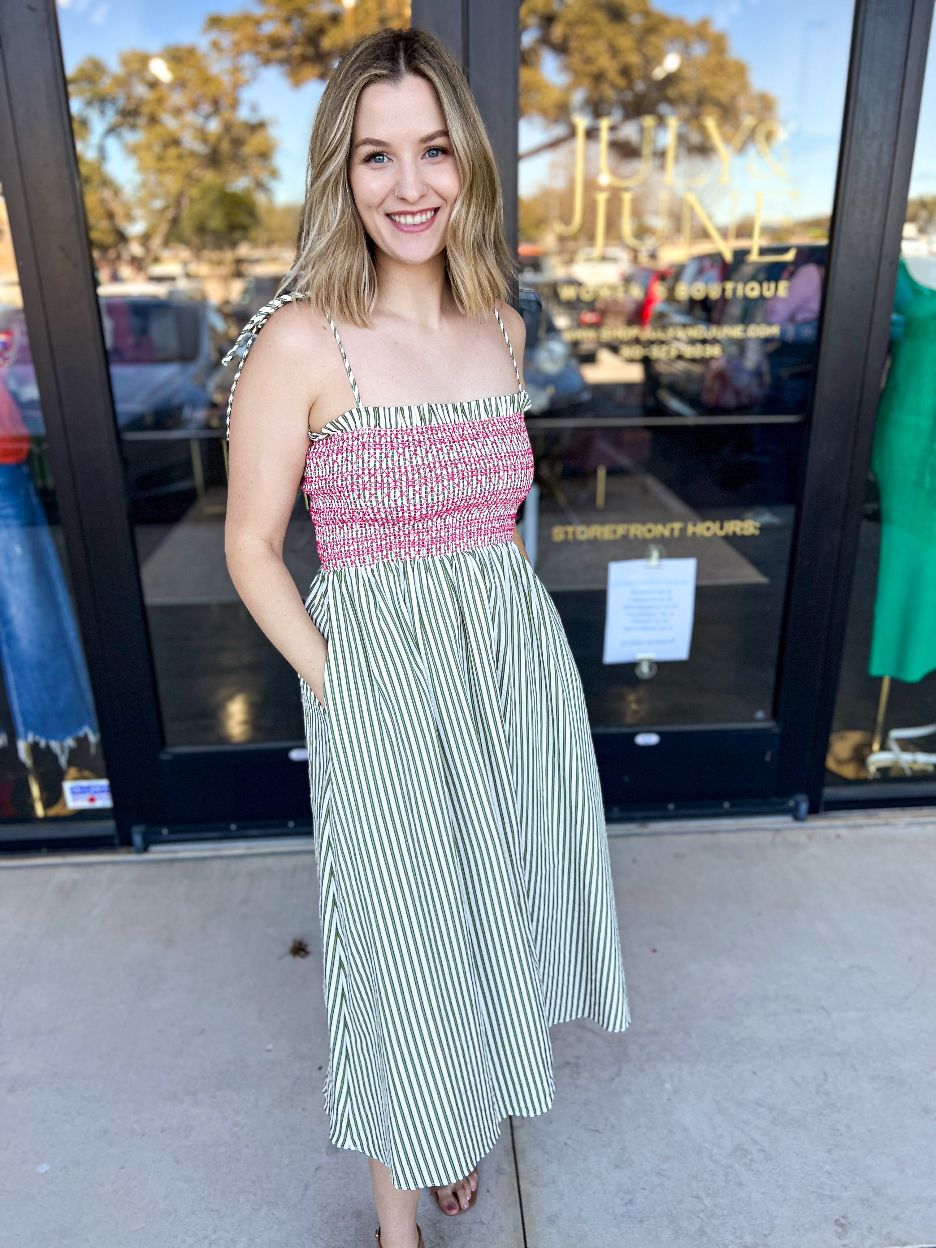 THML - Olive & Pink Pop Midi Dress-500 Midi-THML-July & June Women's Fashion Boutique Located in San Antonio, Texas