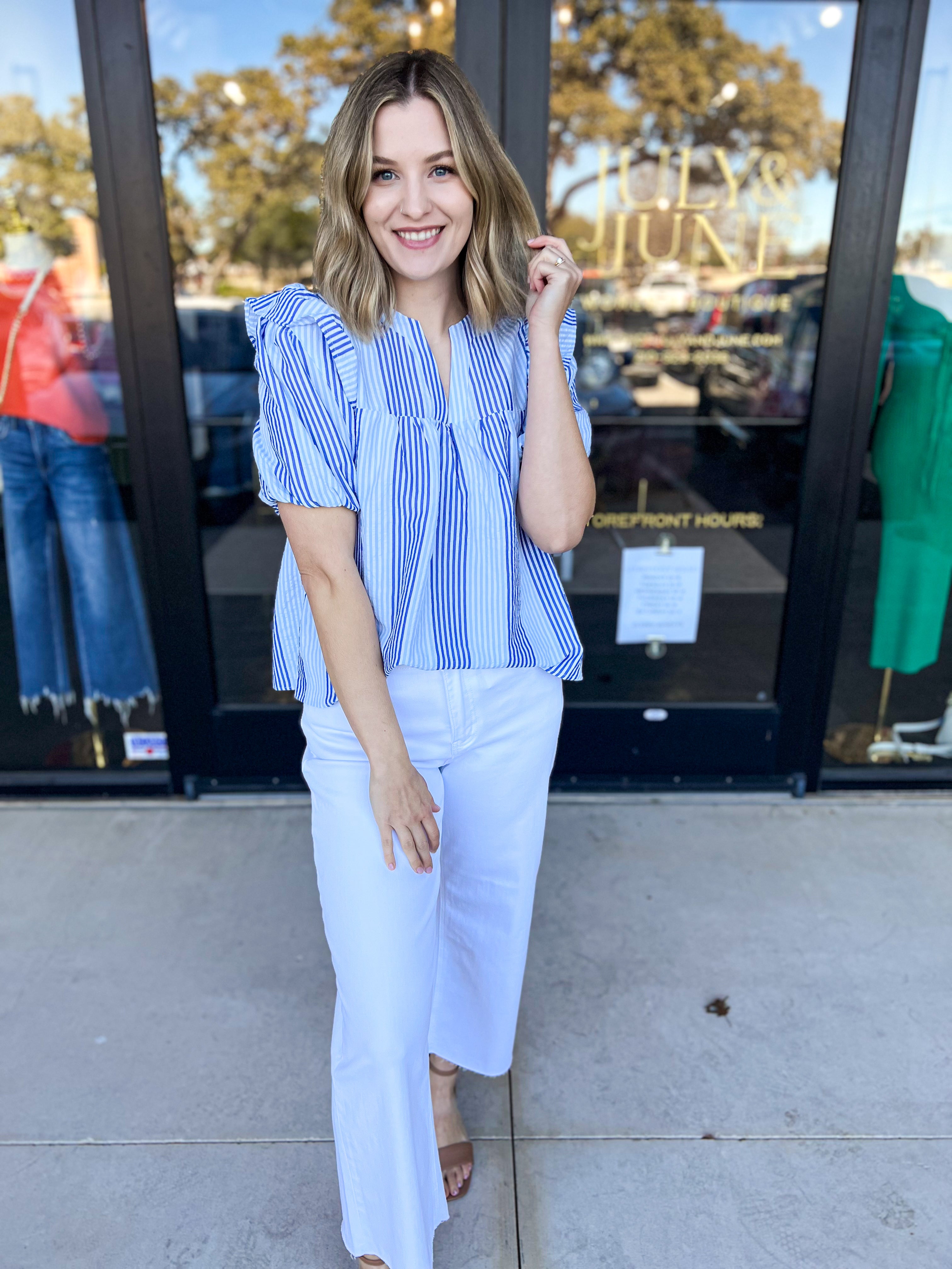 THML - Blue & Ivory Striped Blouse-200 Fashion Blouses-THML-July & June Women's Fashion Boutique Located in San Antonio, Texas