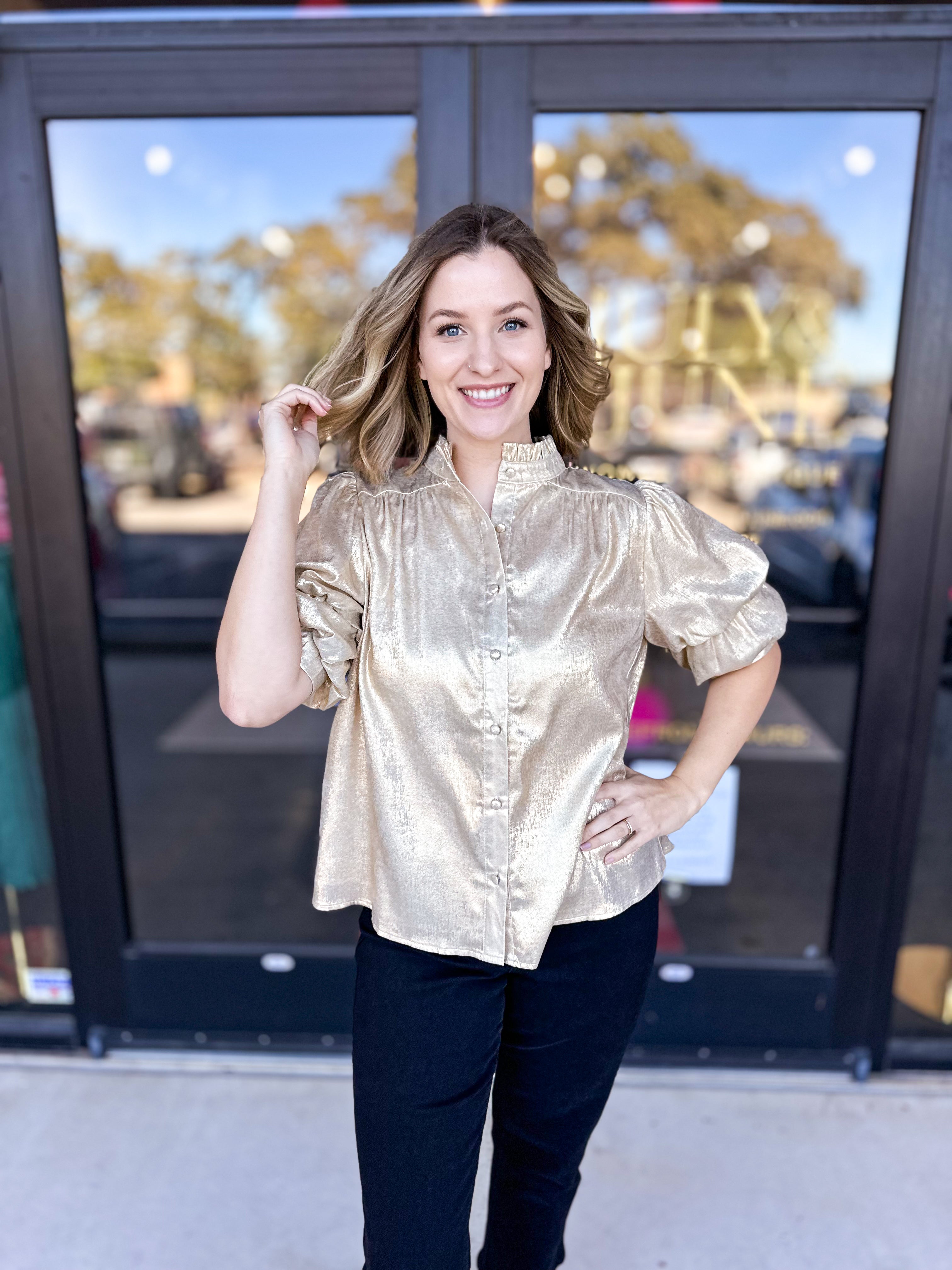 Gold Shimmer Blouse-FATE-July & June Women's Fashion Boutique Located in San Antonio, Texas