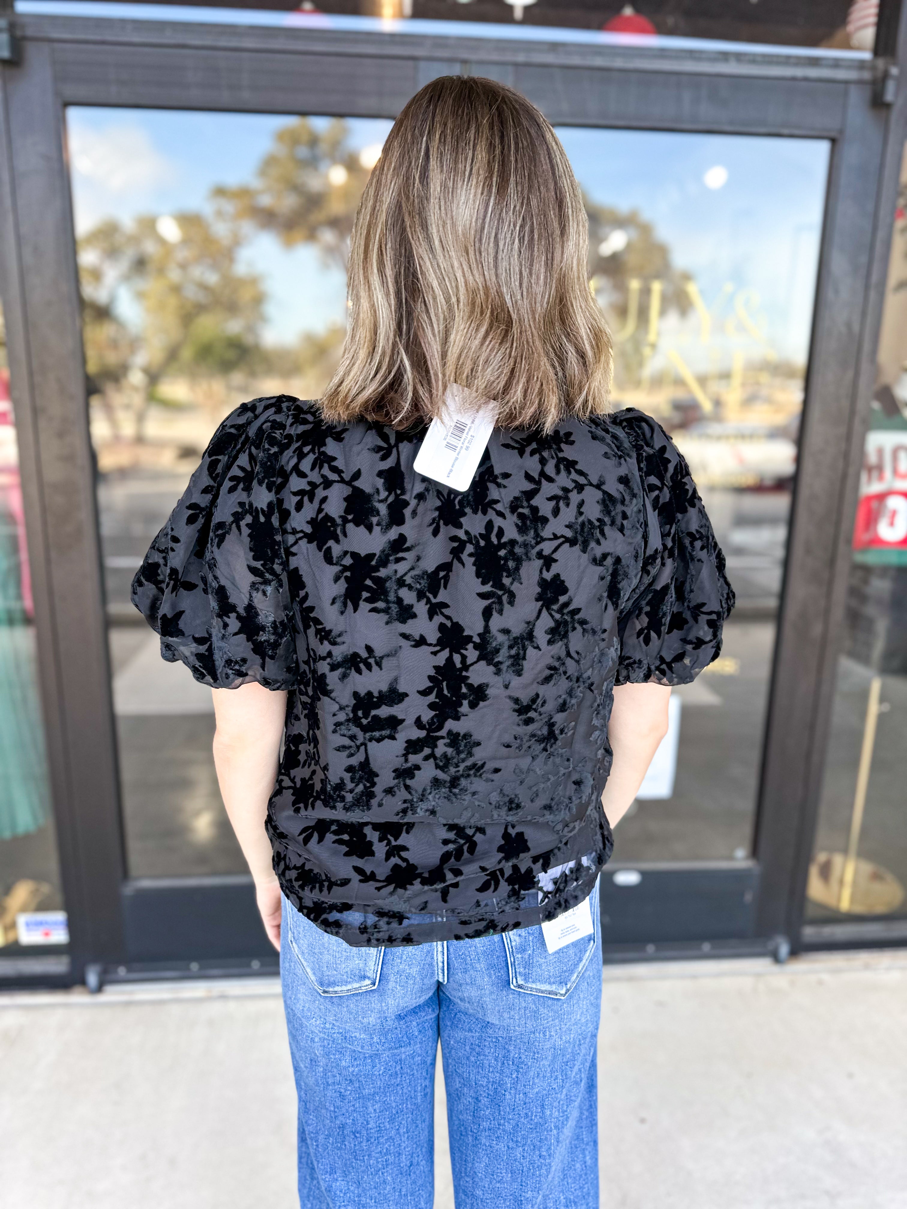 THML-Velvet Floral Winter Blouse-Black-200 Fashion Blouses-THML-July & June Women's Fashion Boutique Located in San Antonio, Texas