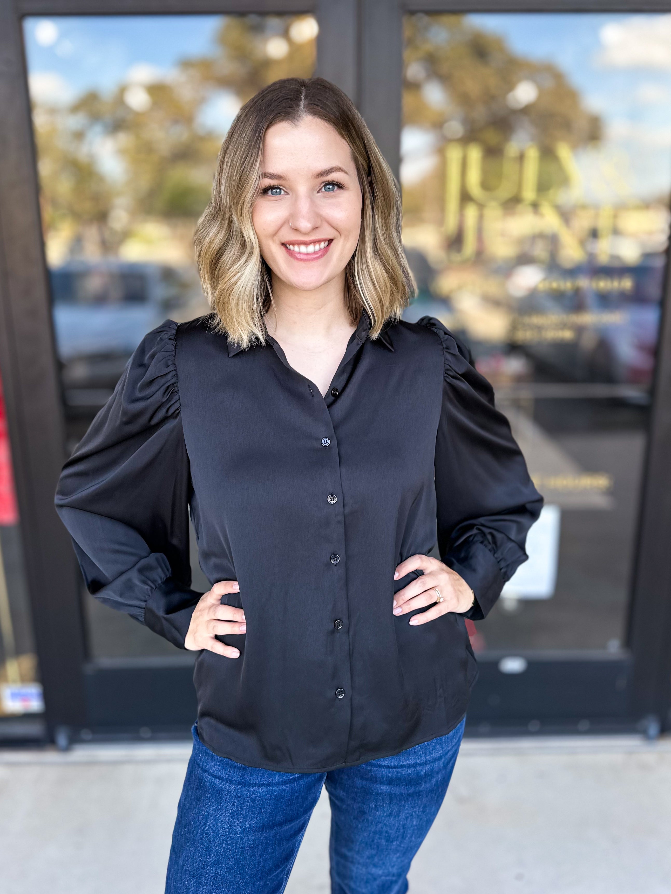 Feminine Collared Blouse - Black-200 Fashion Blouses-SKIES ARE BLUE-July & June Women's Fashion Boutique Located in San Antonio, Texas