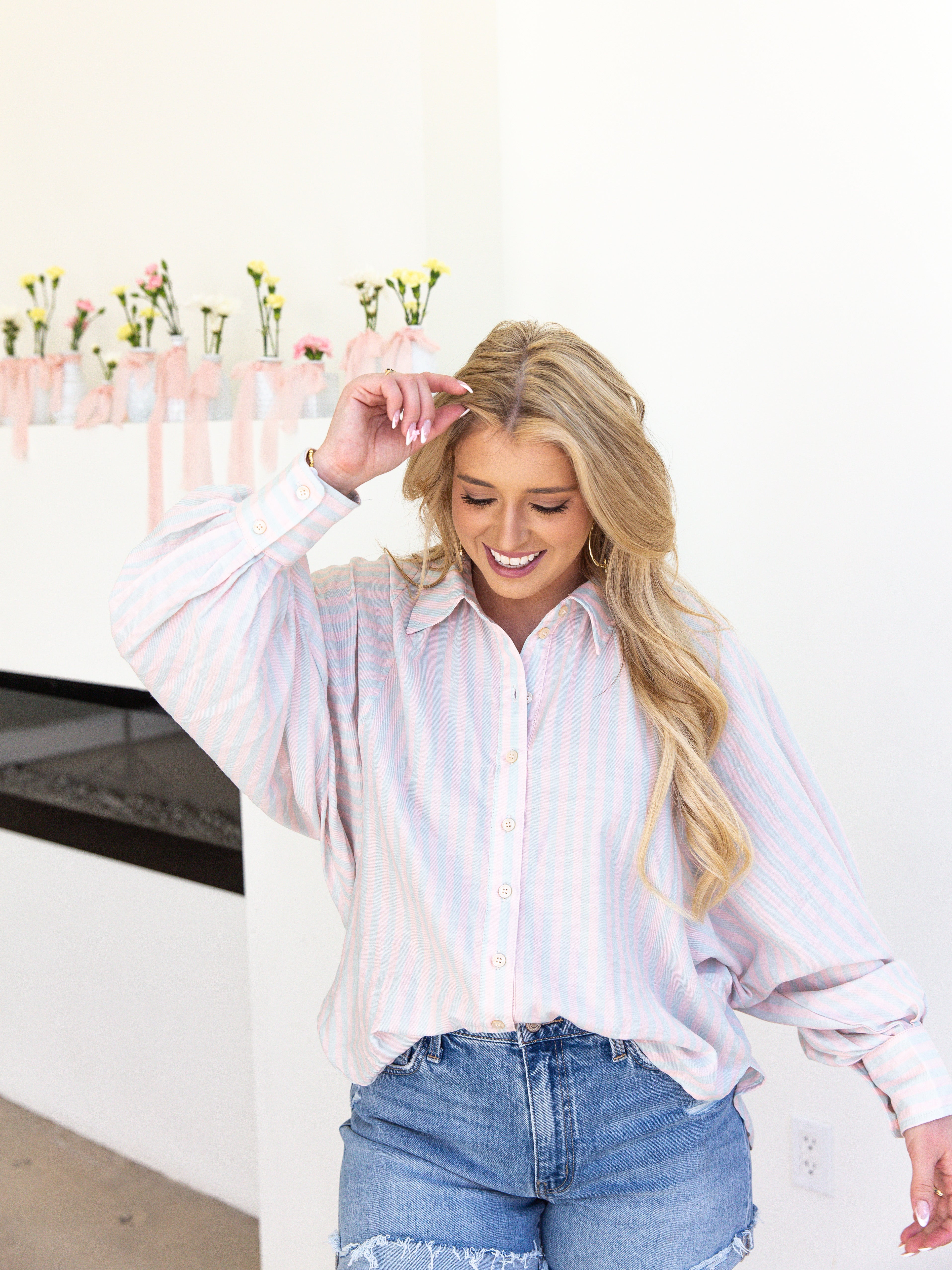 Pastel Stripe Button Down - Lavender Combo-200 Fashion Blouses-&MERCI-July & June Women's Fashion Boutique Located in San Antonio, Texas