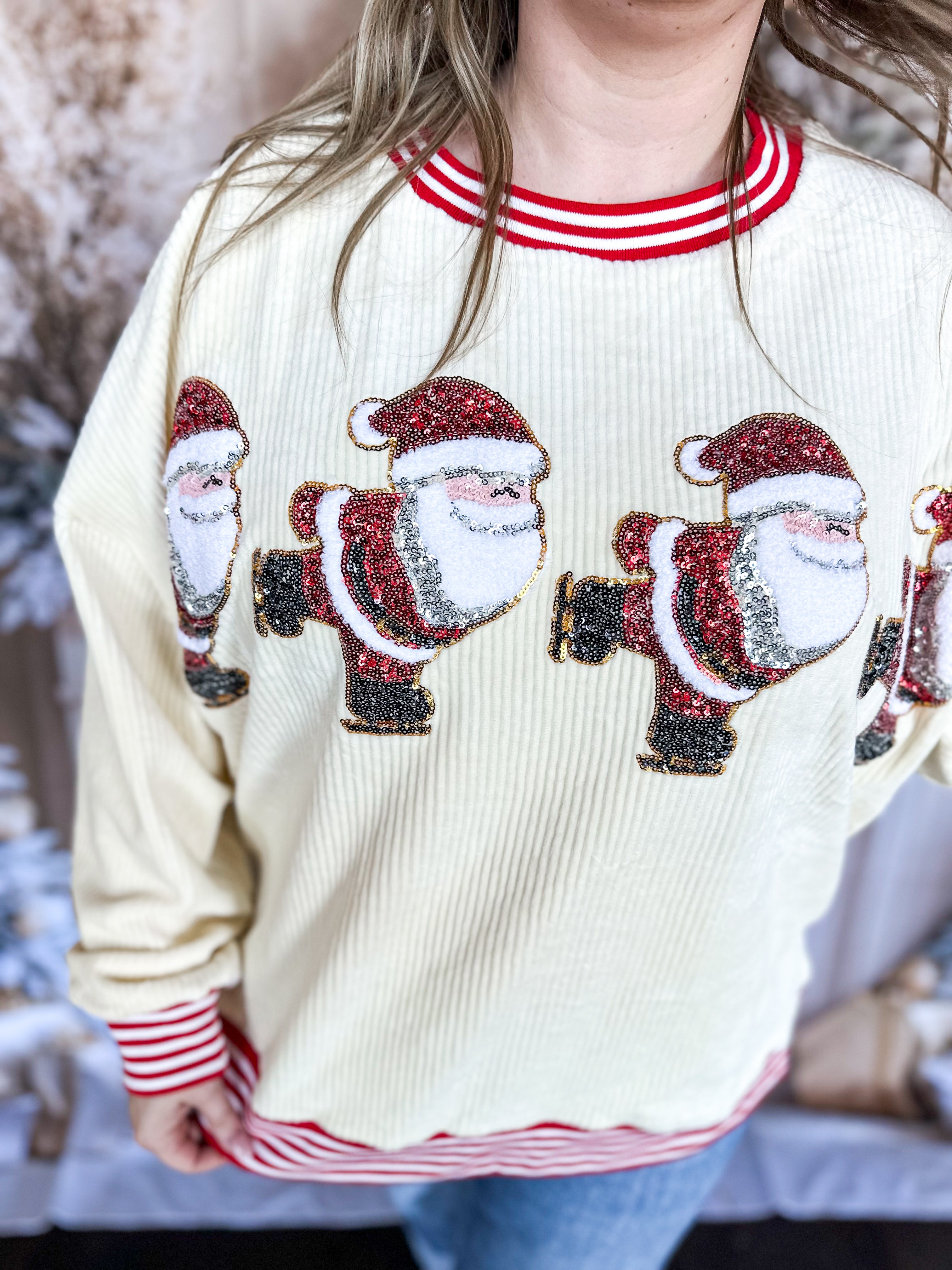 Santa's On His Way Christmas Pullover Top-230 Sweaters/Cardis-FANTASTIC FAWN-July & June Women's Fashion Boutique Located in San Antonio, Texas