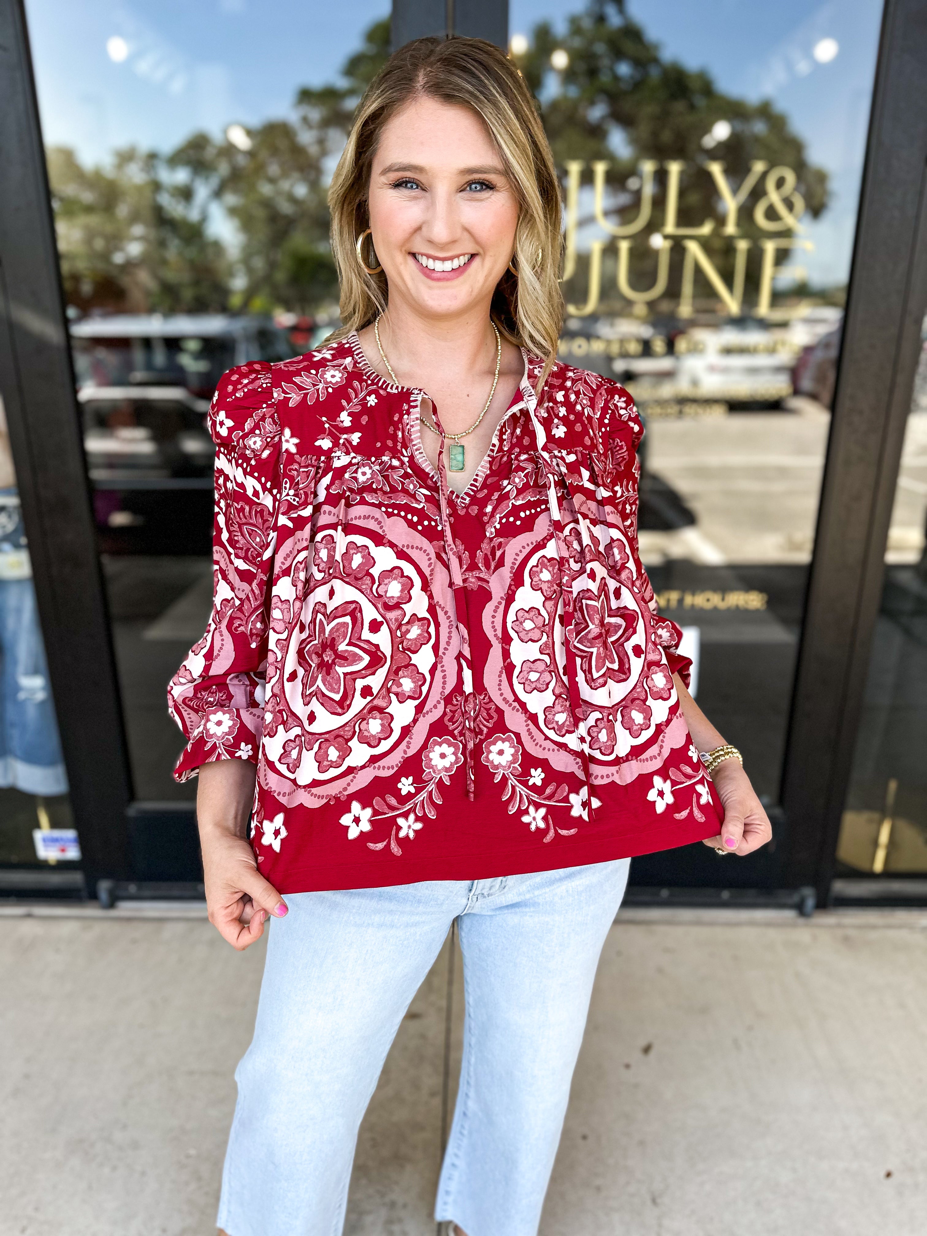 Wine Medallion Blouse-200 Fashion Blouses-&MERCI-July & June Women's Fashion Boutique Located in San Antonio, Texas