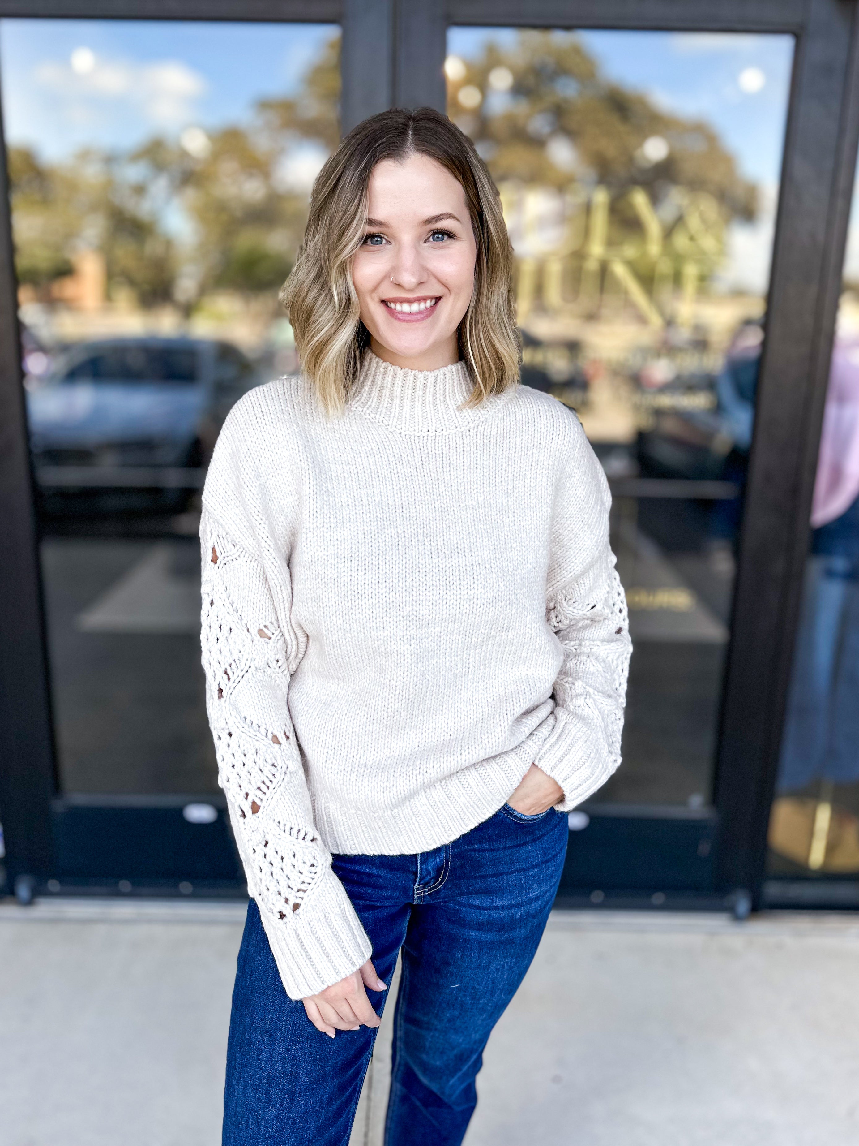 Crochet Sweater Top Cream- PINK FRIDAY DOORBUSTER - ONLINE-PINK FRIDAY DOORBUSTERS-SKIES ARE BLUE-July & June Women's Fashion Boutique Located in San Antonio, Texas