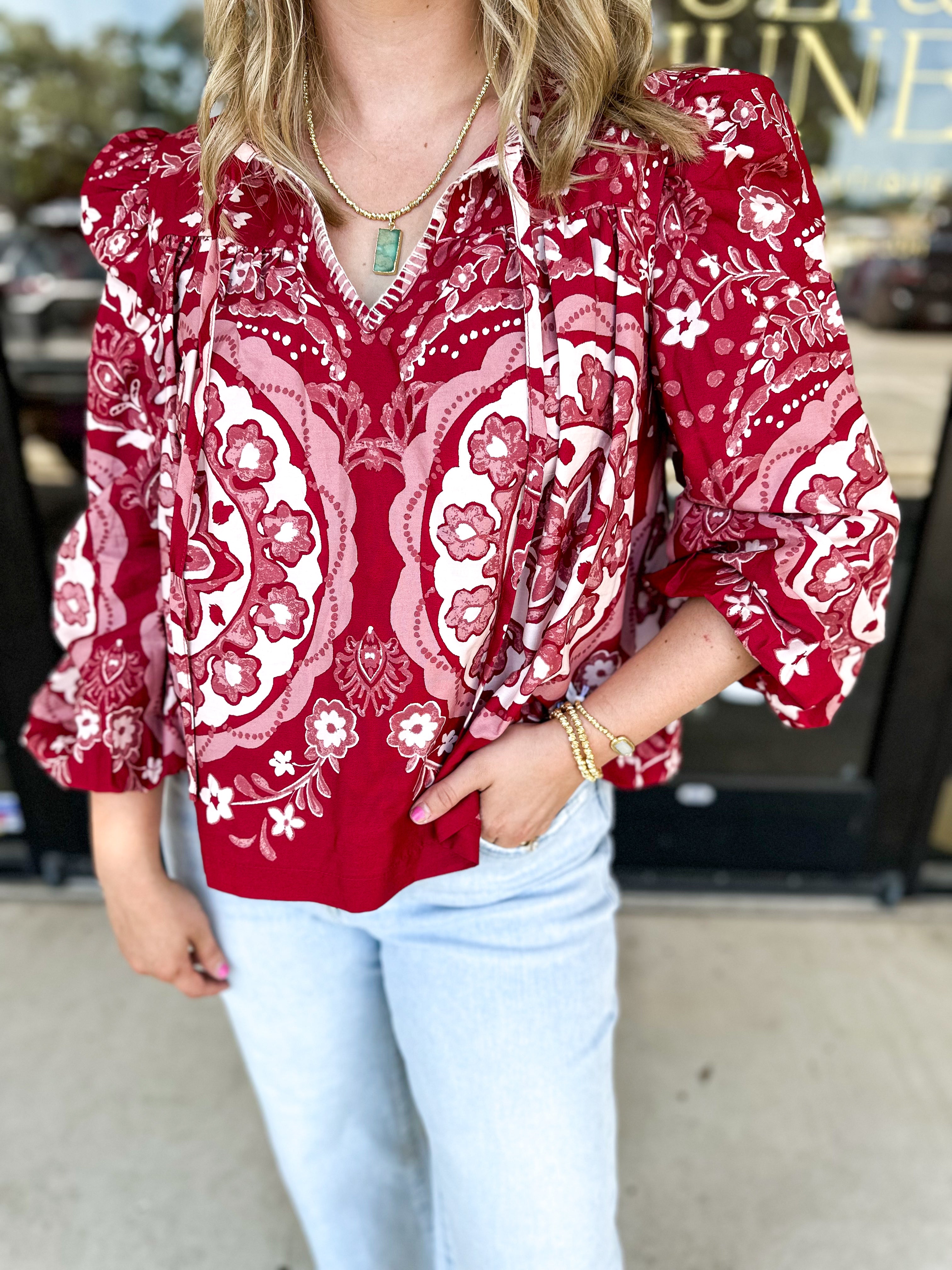 Wine Medallion Blouse-200 Fashion Blouses-&MERCI-July & June Women's Fashion Boutique Located in San Antonio, Texas