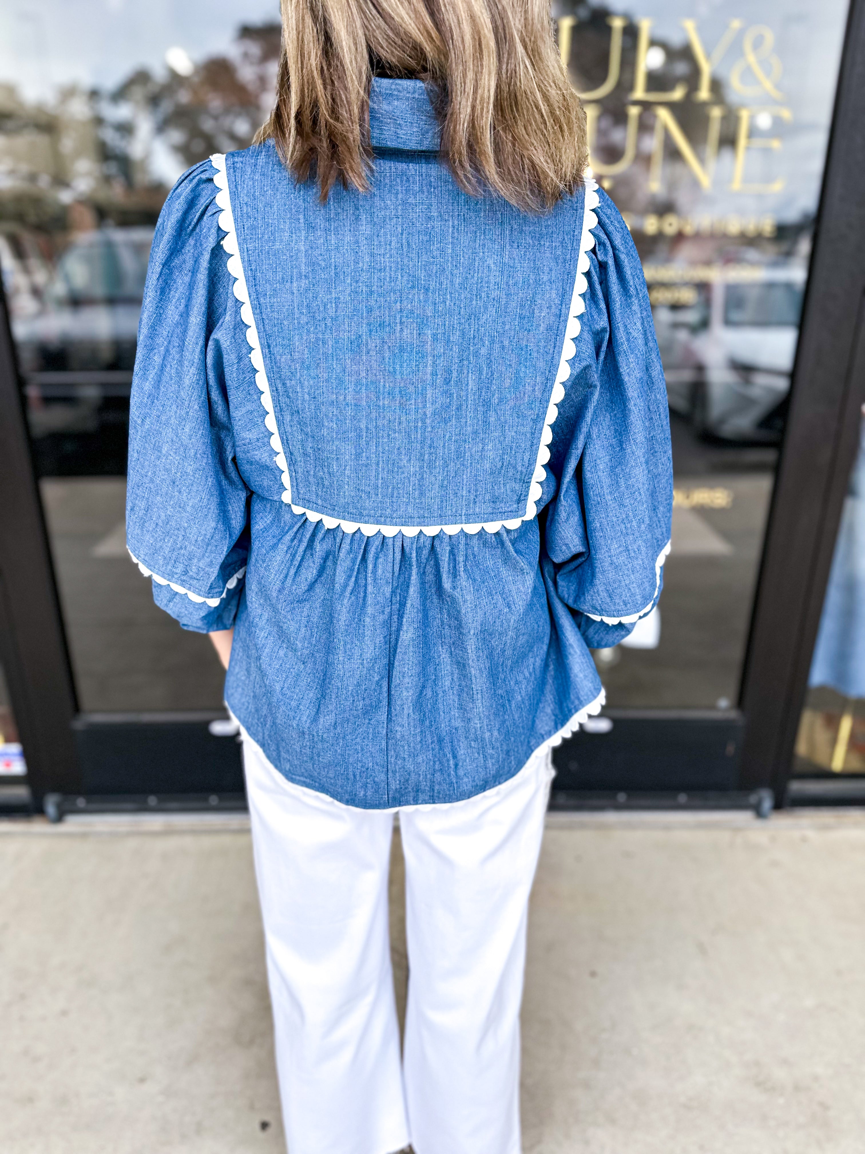 Denim Daze Blouse-200 Fashion Blouses-ENTRO-July & June Women's Fashion Boutique Located in San Antonio, Texas