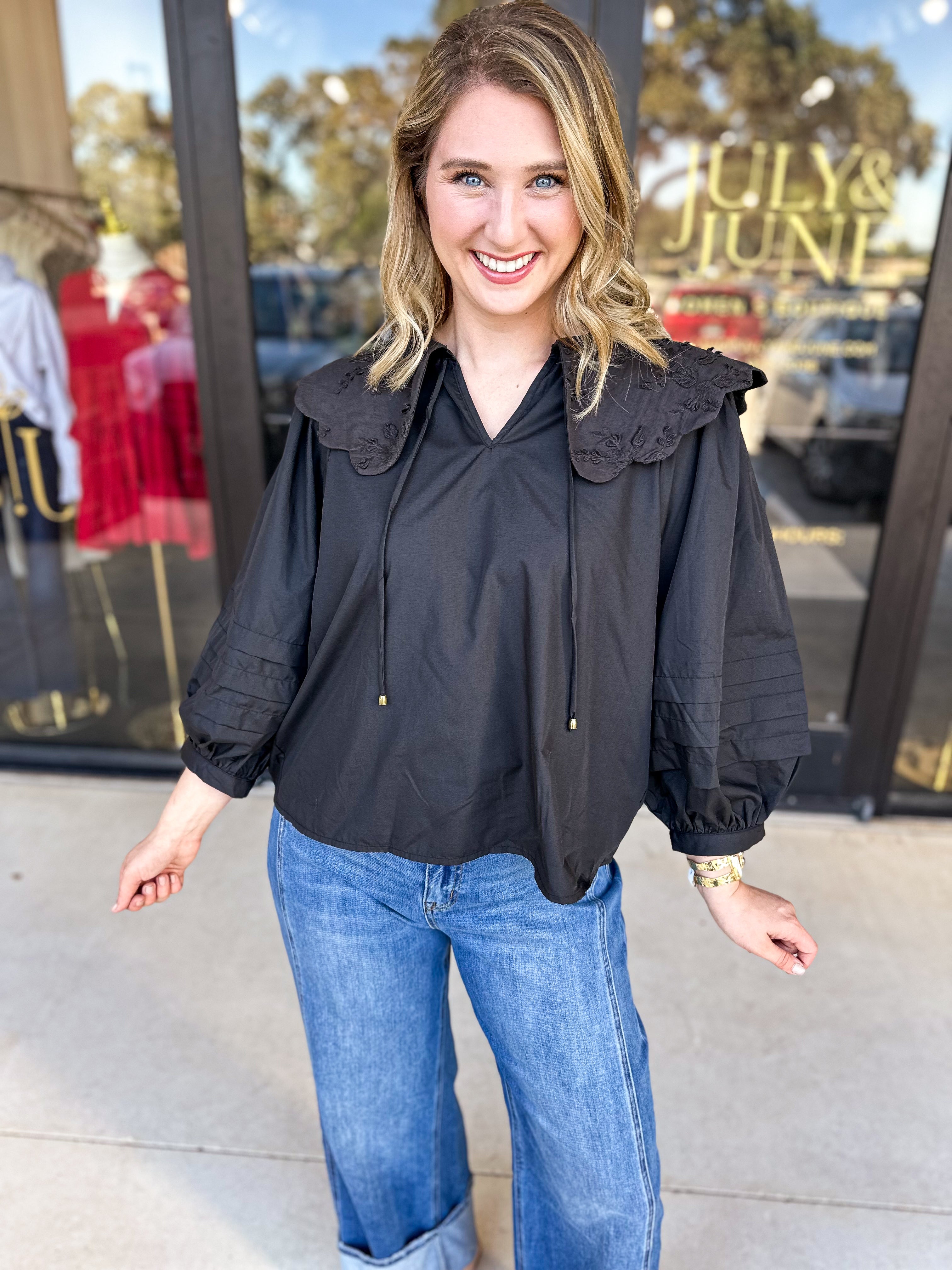 Lace Peter Pan Collar Blouse - Black-200 Fashion Blouses-ENTRO-July & June Women's Fashion Boutique Located in San Antonio, Texas