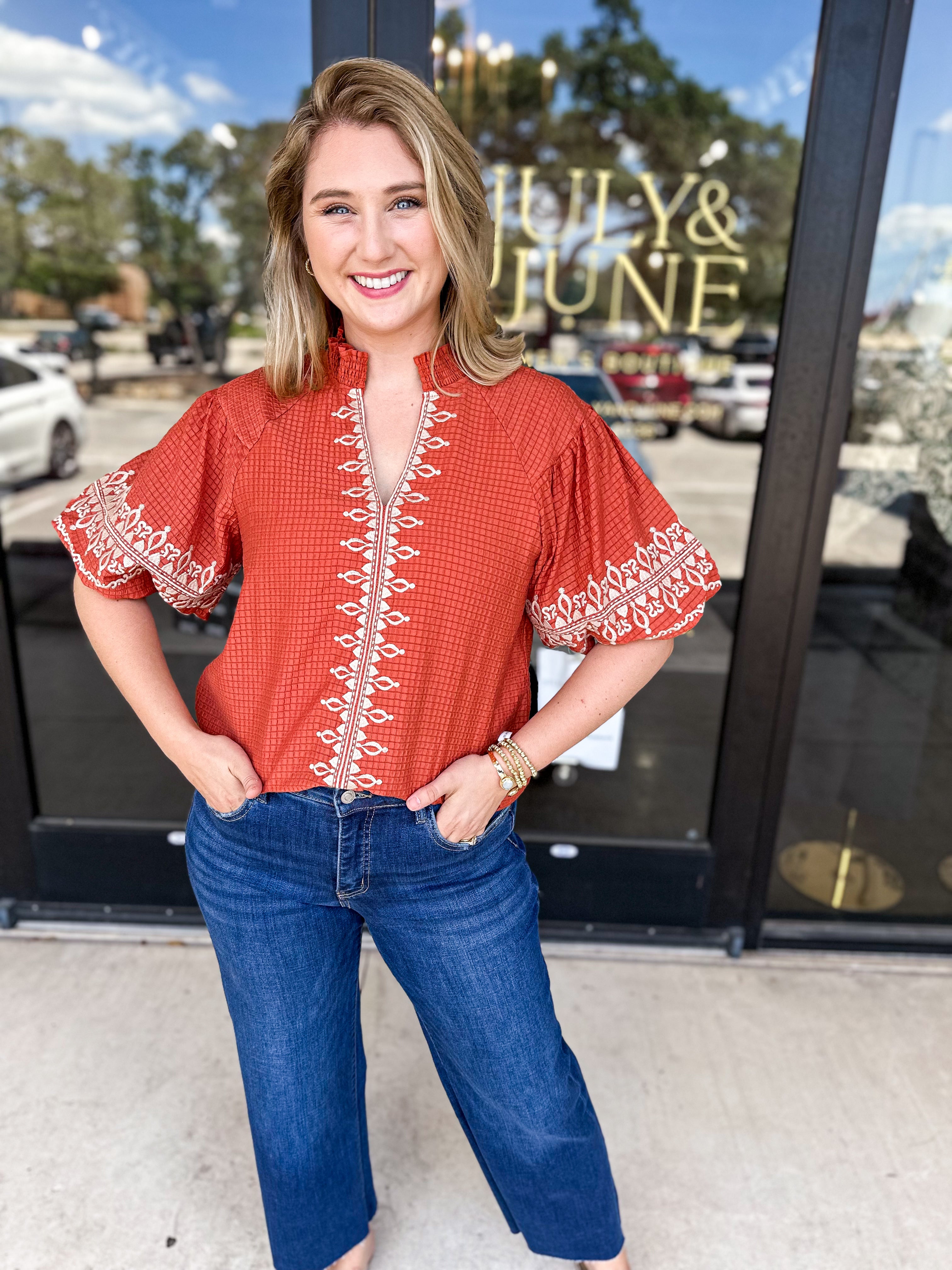 THML - Rust Embroidered Blouse-200 Fashion Blouses-THML-July & June Women's Fashion Boutique Located in San Antonio, Texas