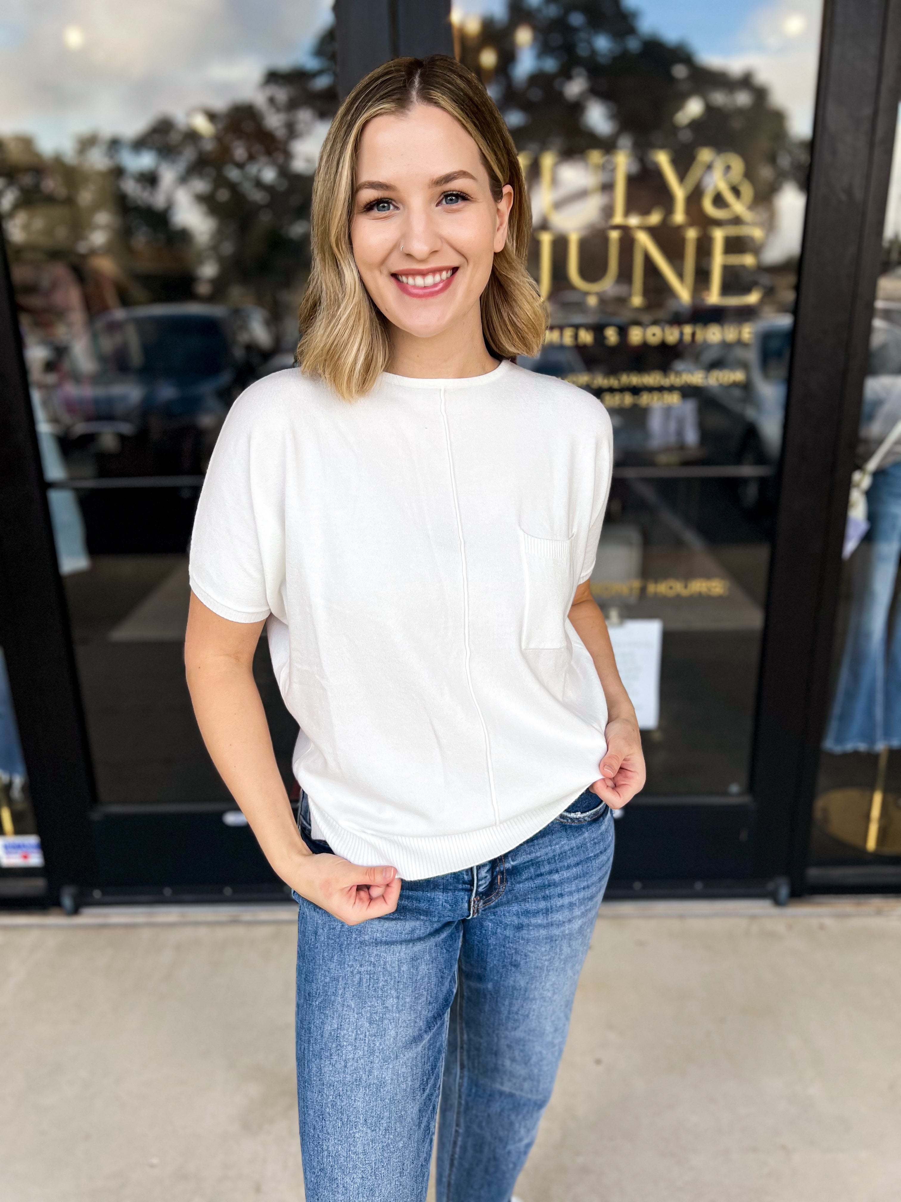 Comfy Pocket Sweater Tee - White-200 Fashion Blouses-ALLIE ROSE-July & June Women's Fashion Boutique Located in San Antonio, Texas