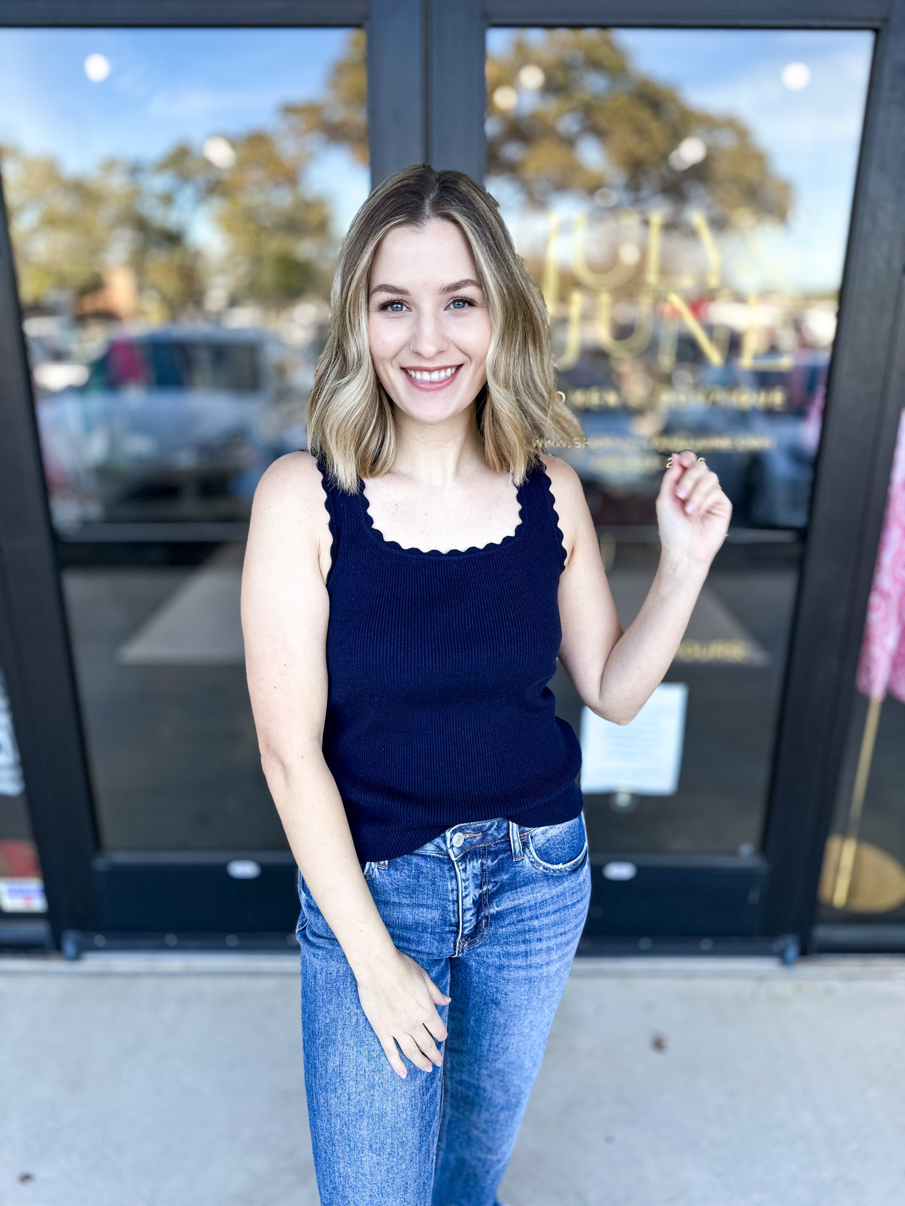 Scalloped Comfy Tank - Navy-210 Casual Blouses-SKIES ARE BLUE-July & June Women's Fashion Boutique Located in San Antonio, Texas