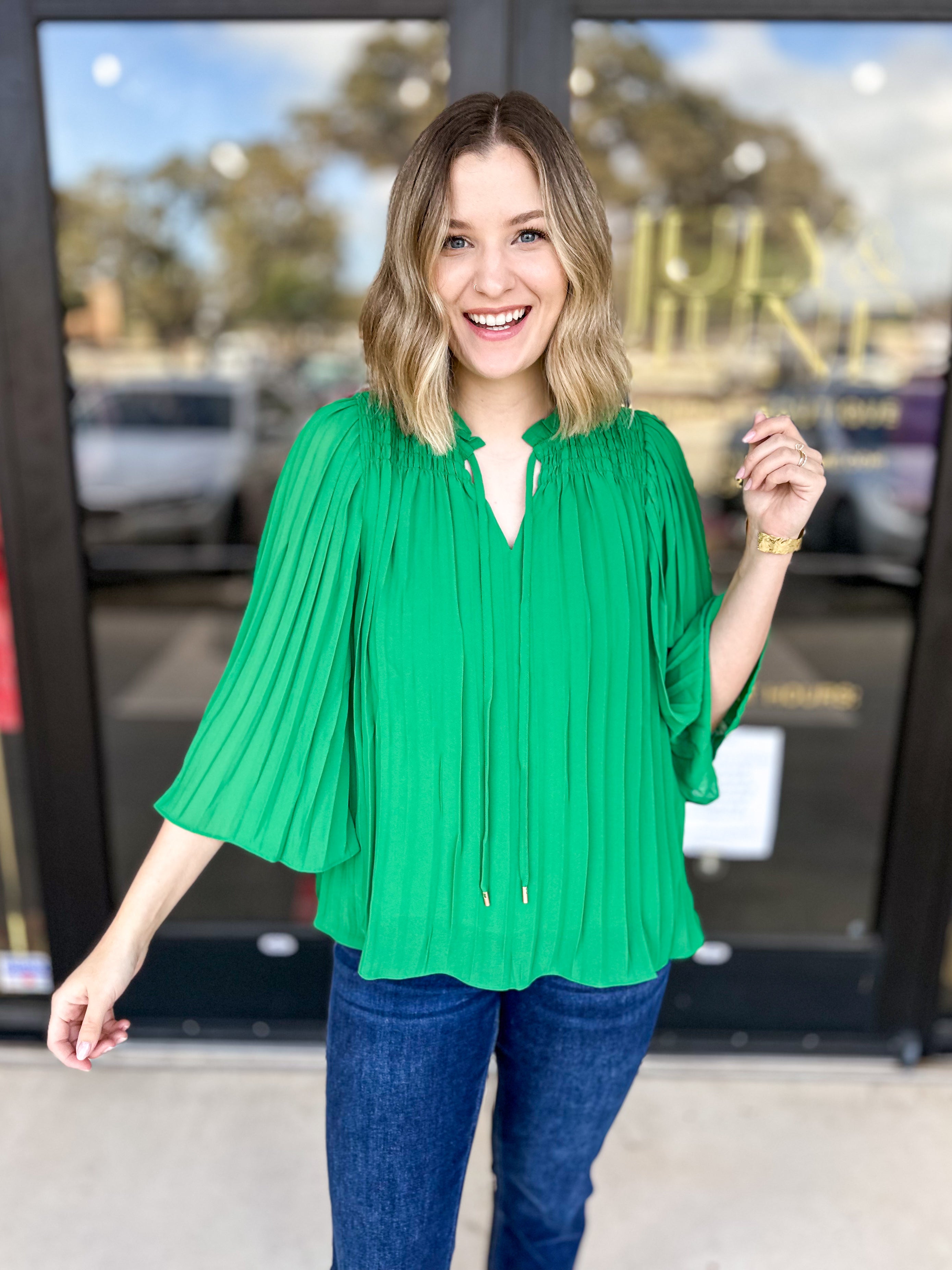 Pleated Blouse-Green-PINK FRIDAY DOORBUSTER-ONLINE-PINK FRIDAY DOORBUSTERS-SKIES ARE BLUE-July & June Women's Fashion Boutique Located in San Antonio, Texas