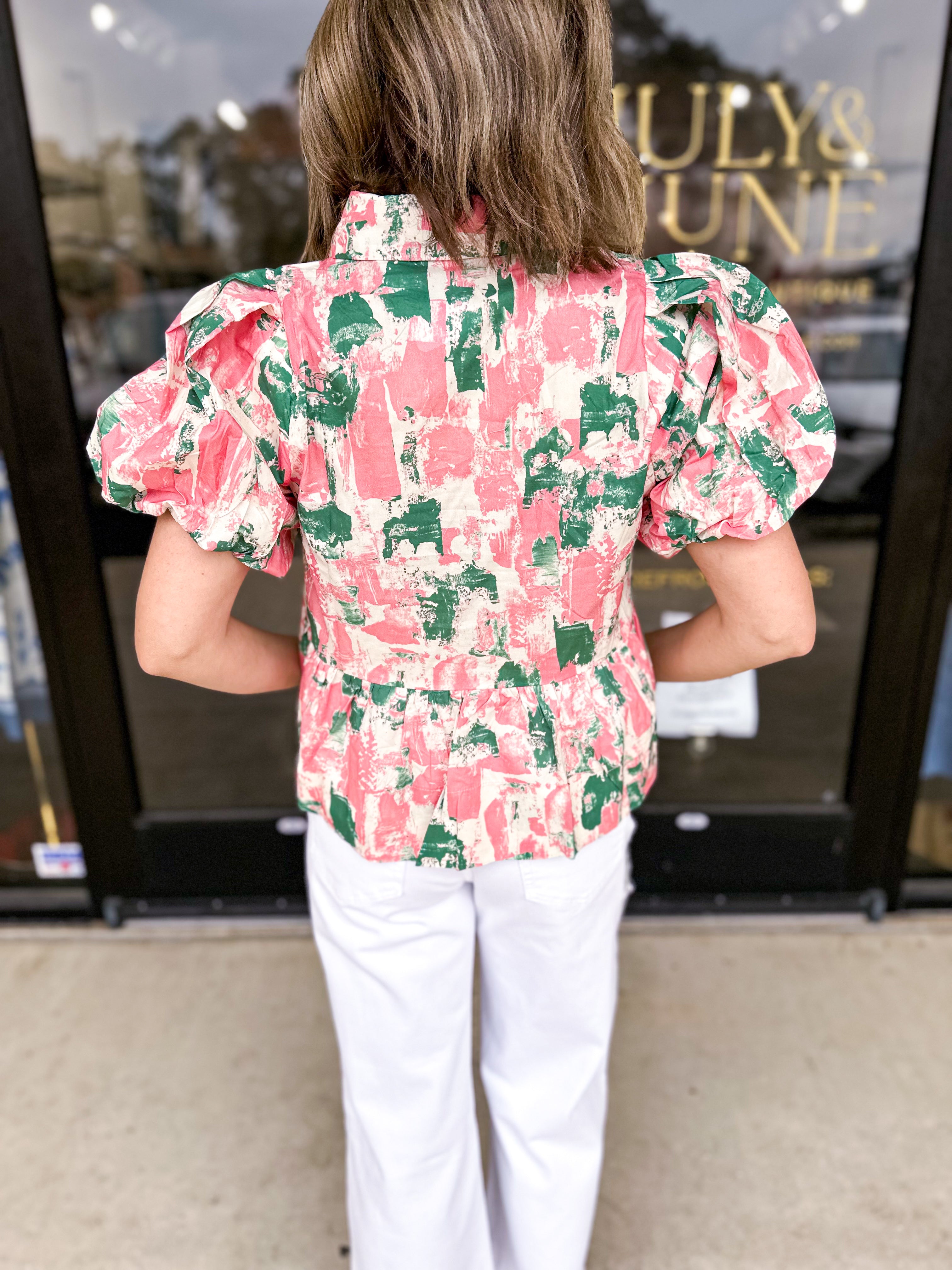 Peplum Chic Blouse - Green Combo-200 Fashion Blouses-ENTRO-July & June Women's Fashion Boutique Located in San Antonio, Texas