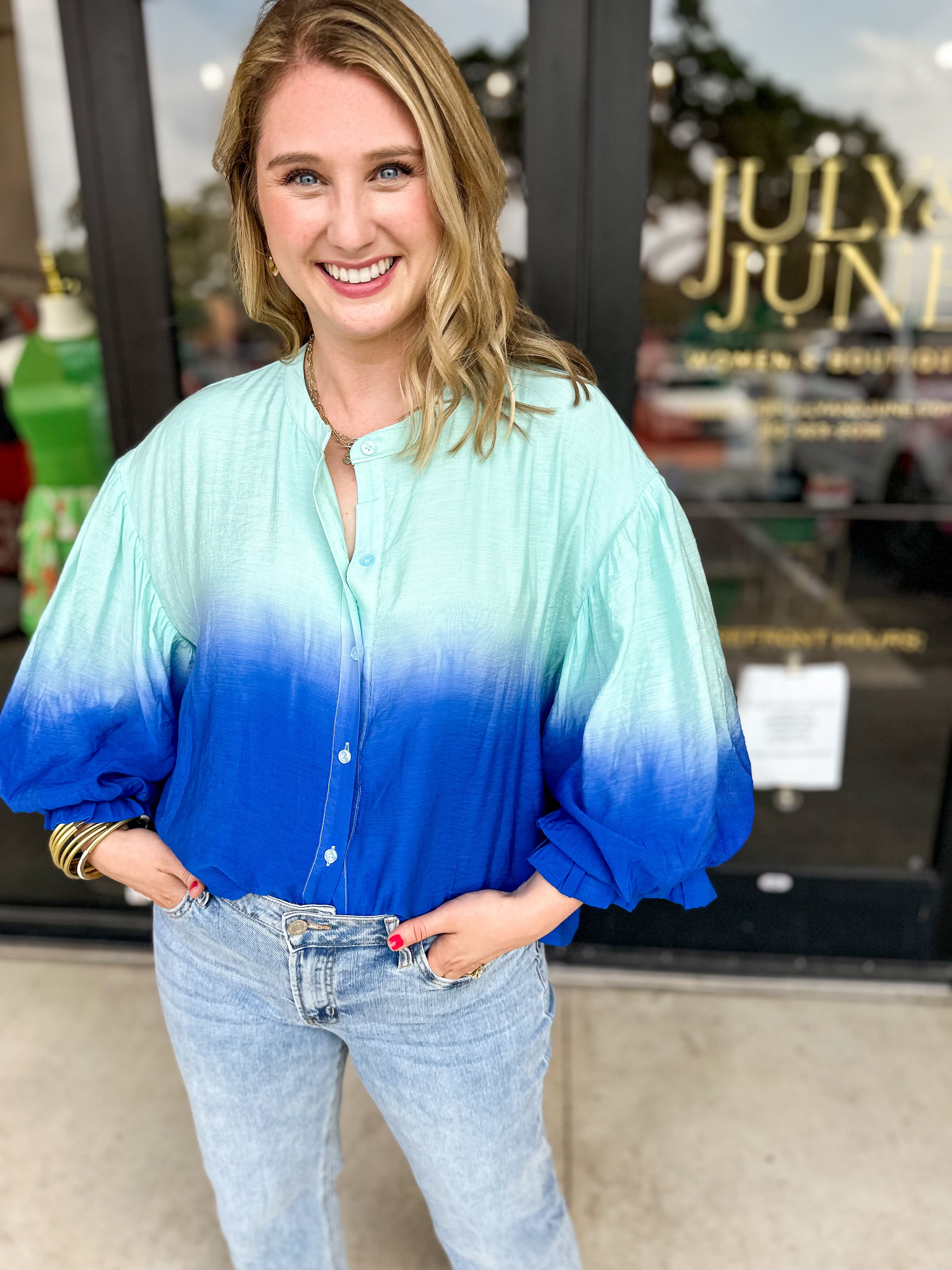 Mint & Blue Ombre Button Down Blouse-200 Fashion Blouses-FATE-July & June Women's Fashion Boutique Located in San Antonio, Texas